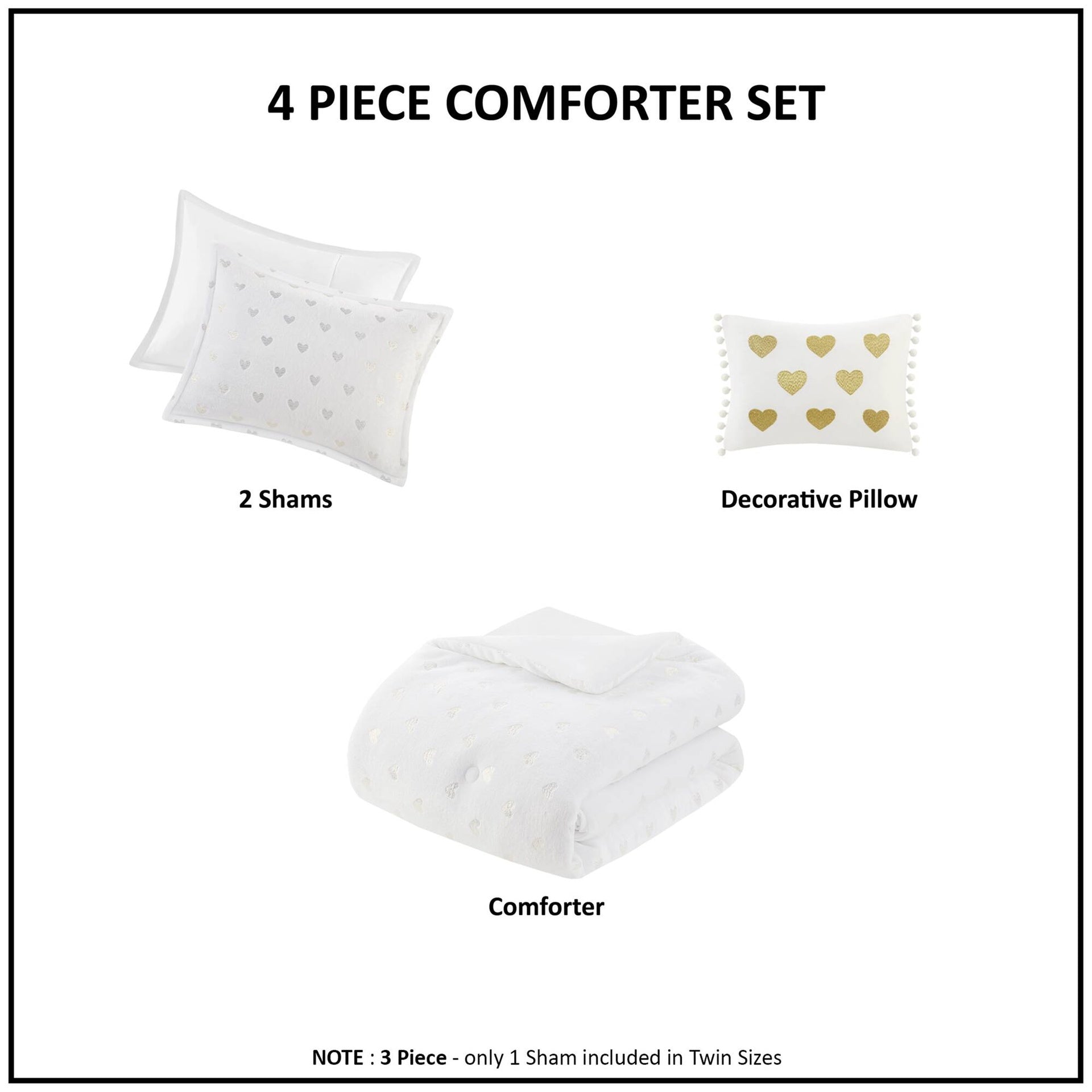 3 PCS Twin/Twin XL Metallic Printed Plush Comforter Set with Throw Pillow White/Gold