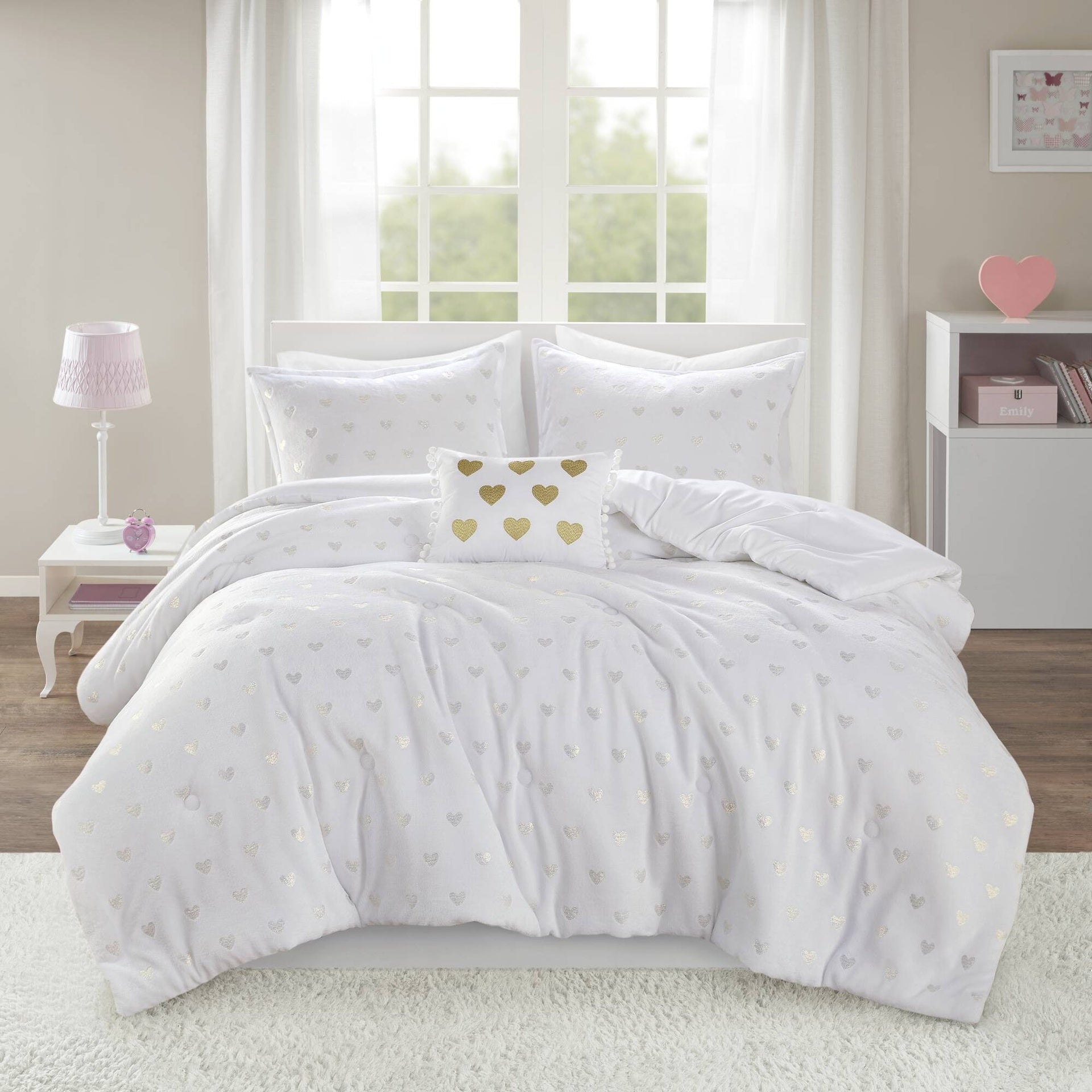 3 PCS Twin/Twin XL Metallic Printed Plush Comforter Set with Throw Pillow White/Gold