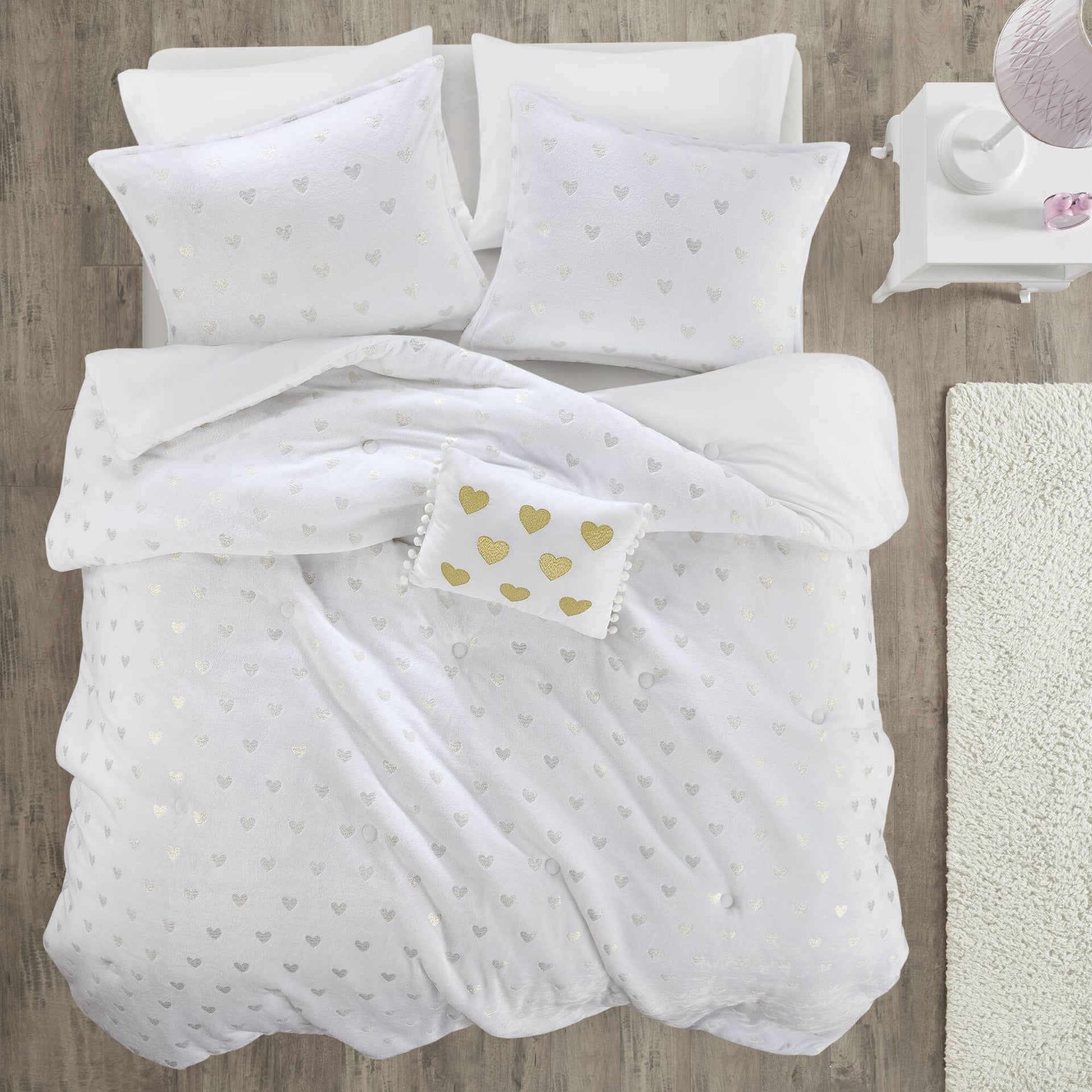 3 PCS Twin/Twin XL Metallic Printed Plush Comforter Set with Throw Pillow White/Gold