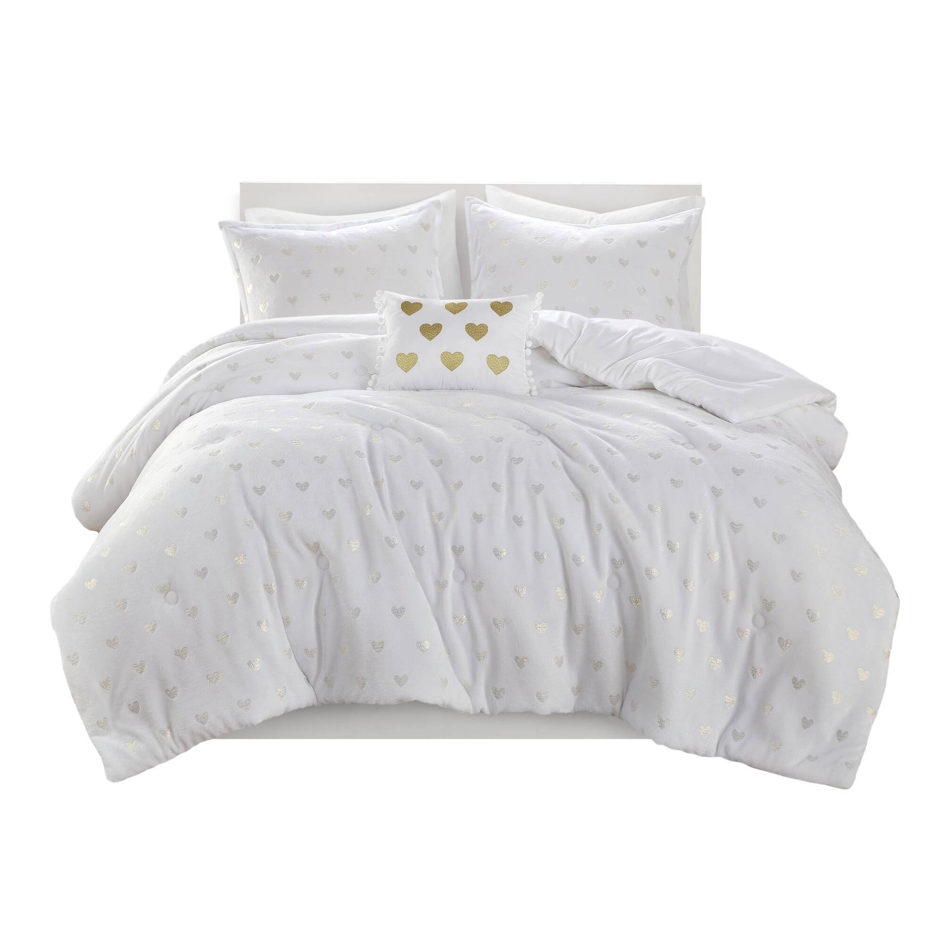 3 PCS Twin/Twin XL Metallic Printed Plush Comforter Set with Throw Pillow White/Gold