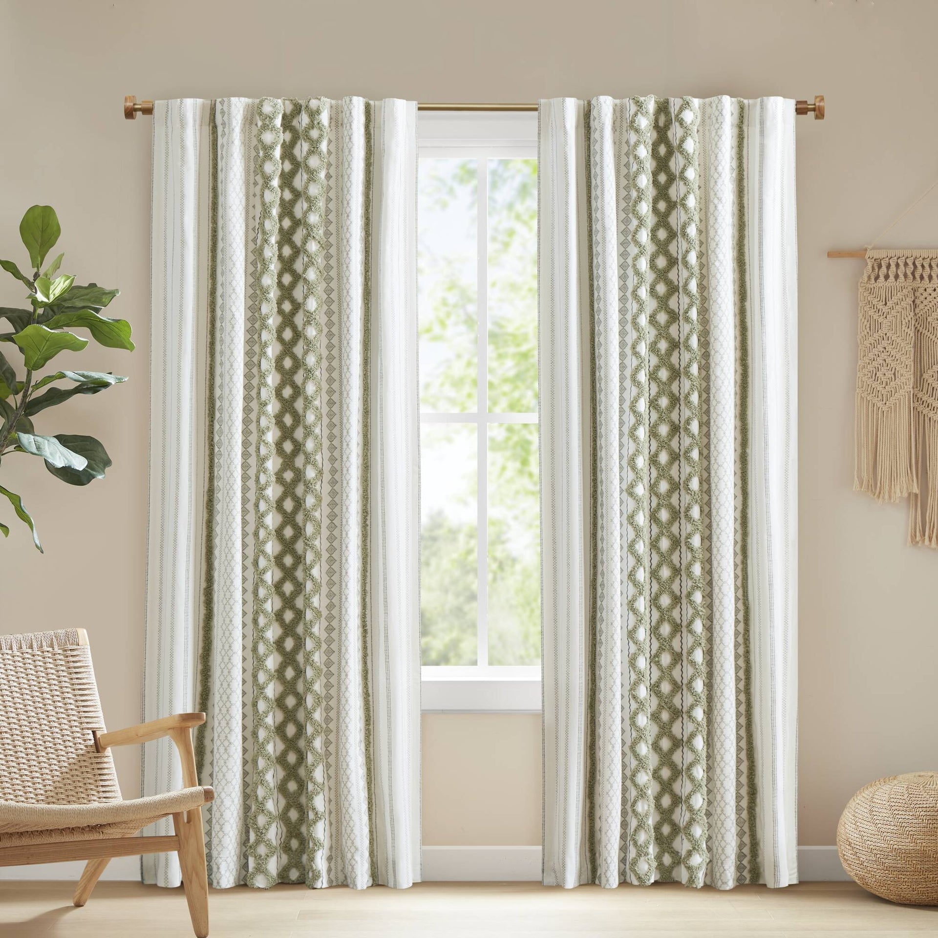 1 PCS 50x95" Cotton Printed Curtain Panel with Chenille Stripe and Lining Green