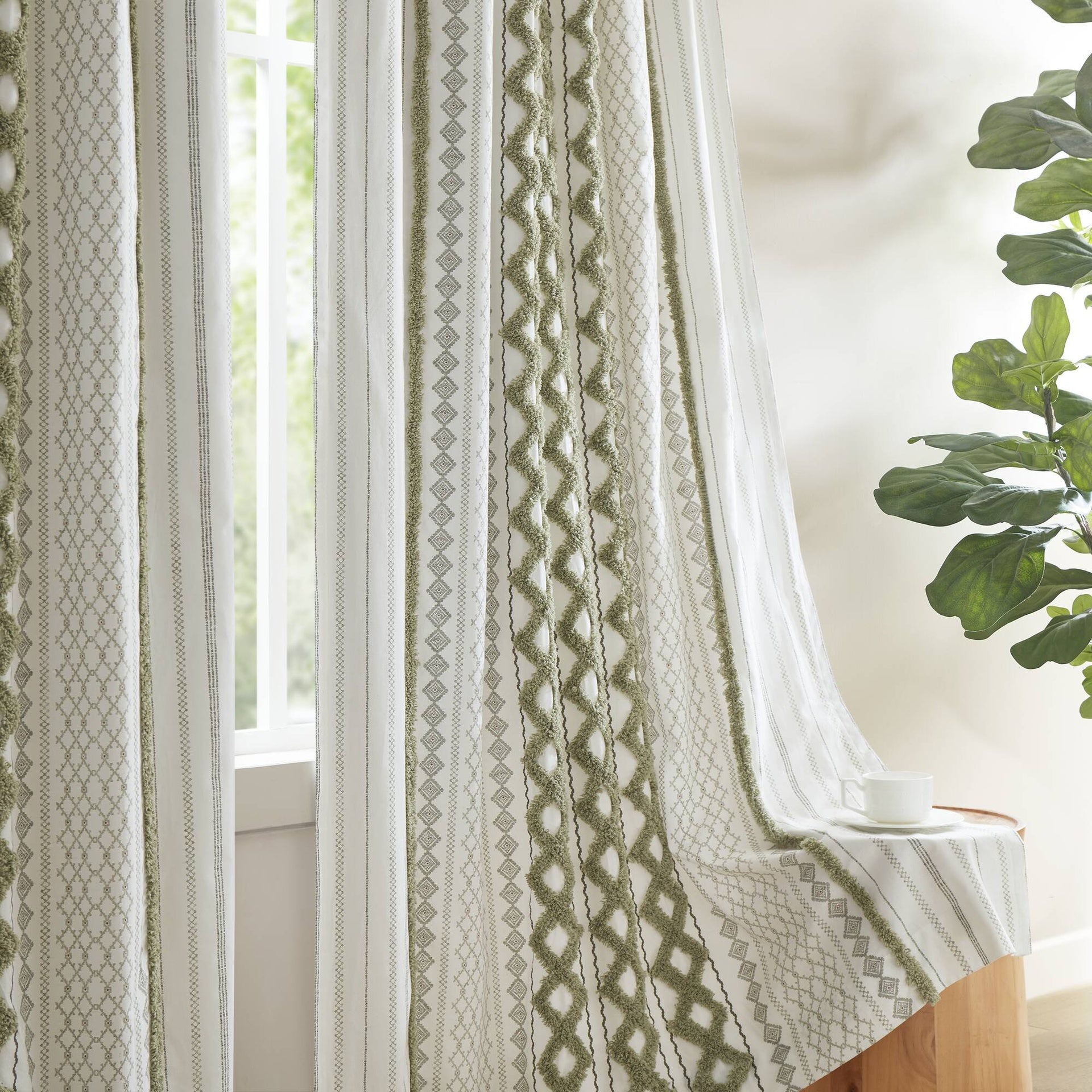 1 PCS 50x95" Cotton Printed Curtain Panel with Chenille Stripe and Lining Green