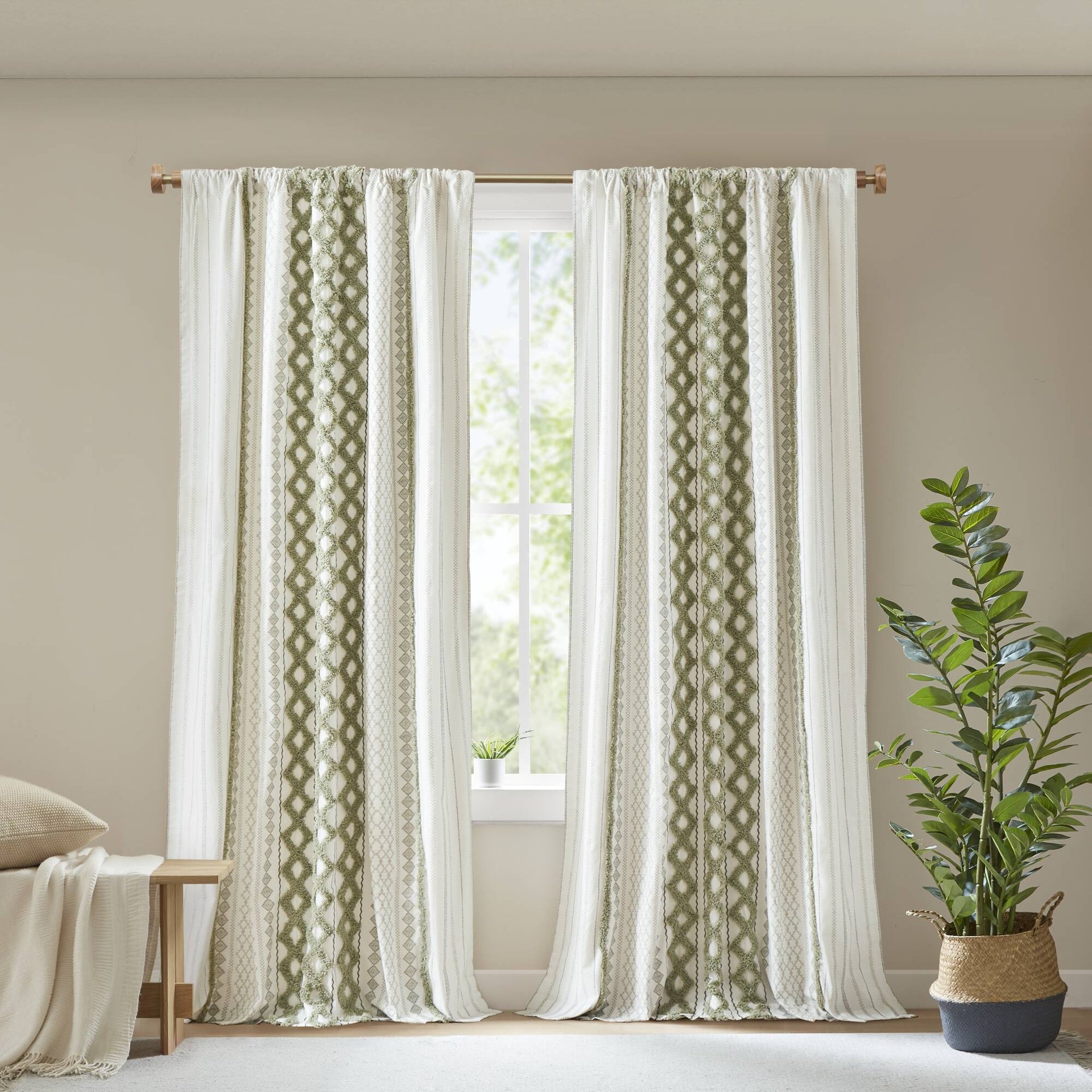 1 PCS 50x95" Cotton Printed Curtain Panel with Chenille Stripe and Lining Green