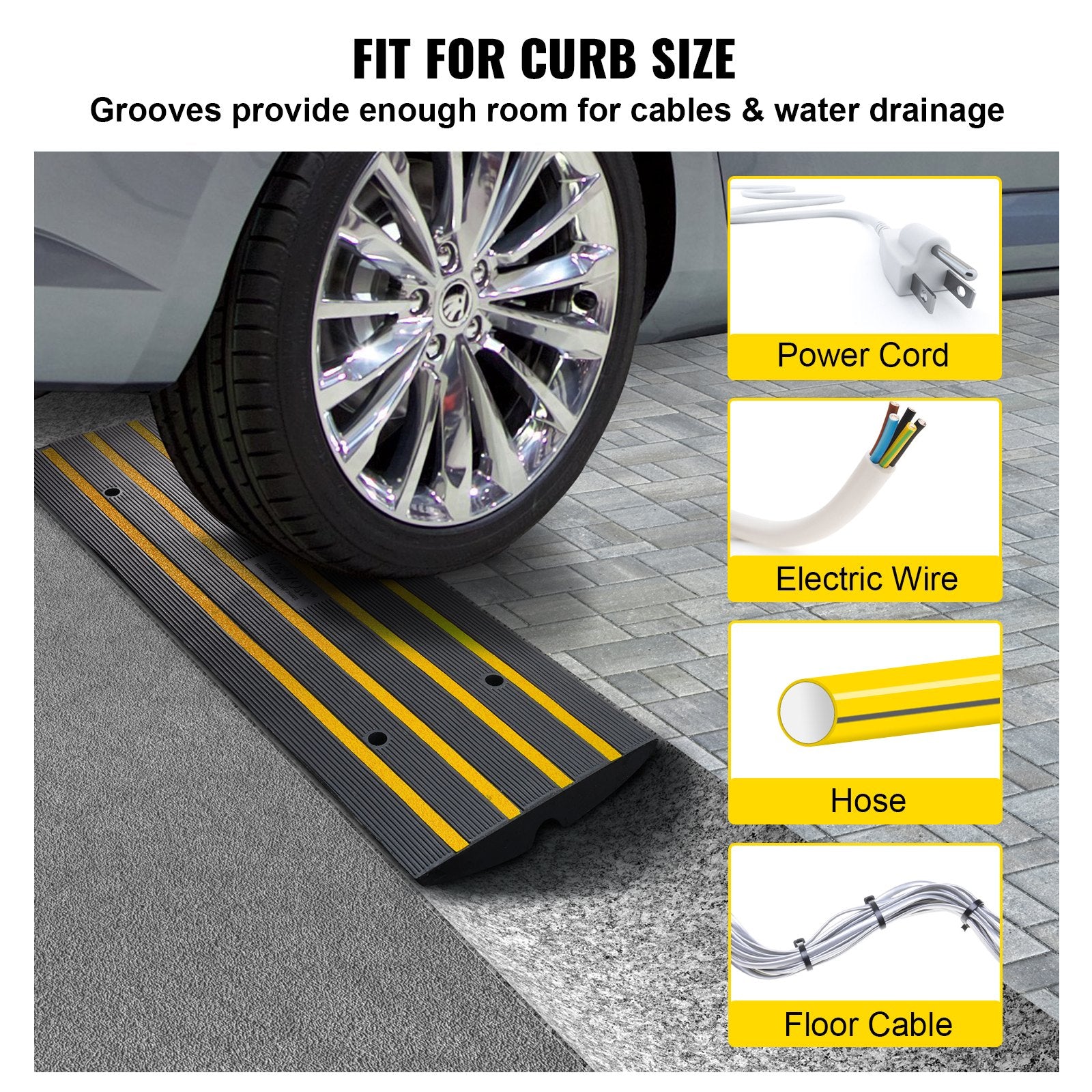 Rubber Curb Ramp for Driveway 1 Pack, 15T Heavy Duty Sidewalk Curb Ramp, 2.6" Rise Height Cable Cover Curbside Bridge Ramp for Garage for Low Cars, Wheelchairs