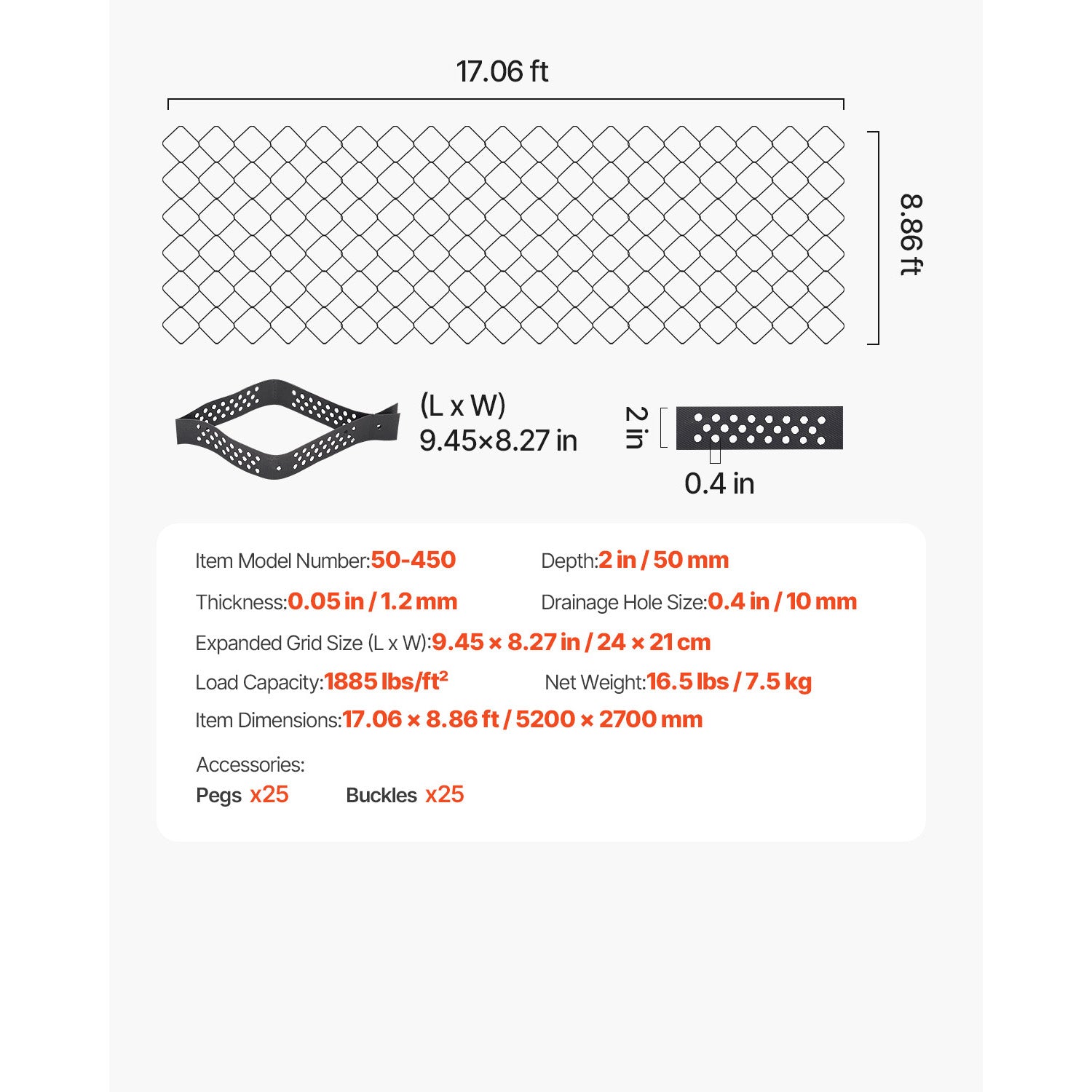 Ground Grid 2-Inch Depth Geocell Grid 17.06x8.86 FT / 5200x2700 mm for Gravel