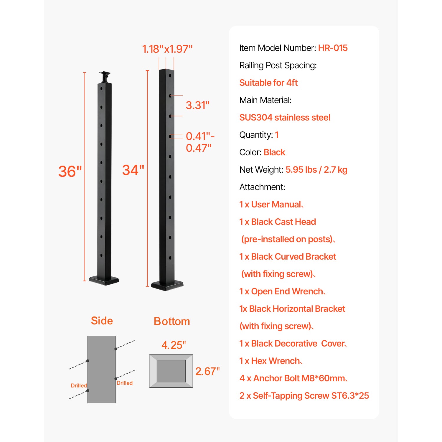 Cable Railing Post, 36x1x2 Inch Stair Railing Post, with Pre-Drilled 30° Angled Holes, Stainless Steel Cable Rail Post with Horizontal and Curved Bracket, 1-Pack, Black, 1JZLGZXHS91402OS1001V0