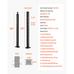 Cable Railing Post, 36x1x2 Inch Stair Railing Post, with Pre-Drilled 30° Angled Holes, Stainless Steel Cable Rail Post with Horizontal and Curved Bracket, 1-Pack, Black, 1JZLGZXHS91402OS1001V0