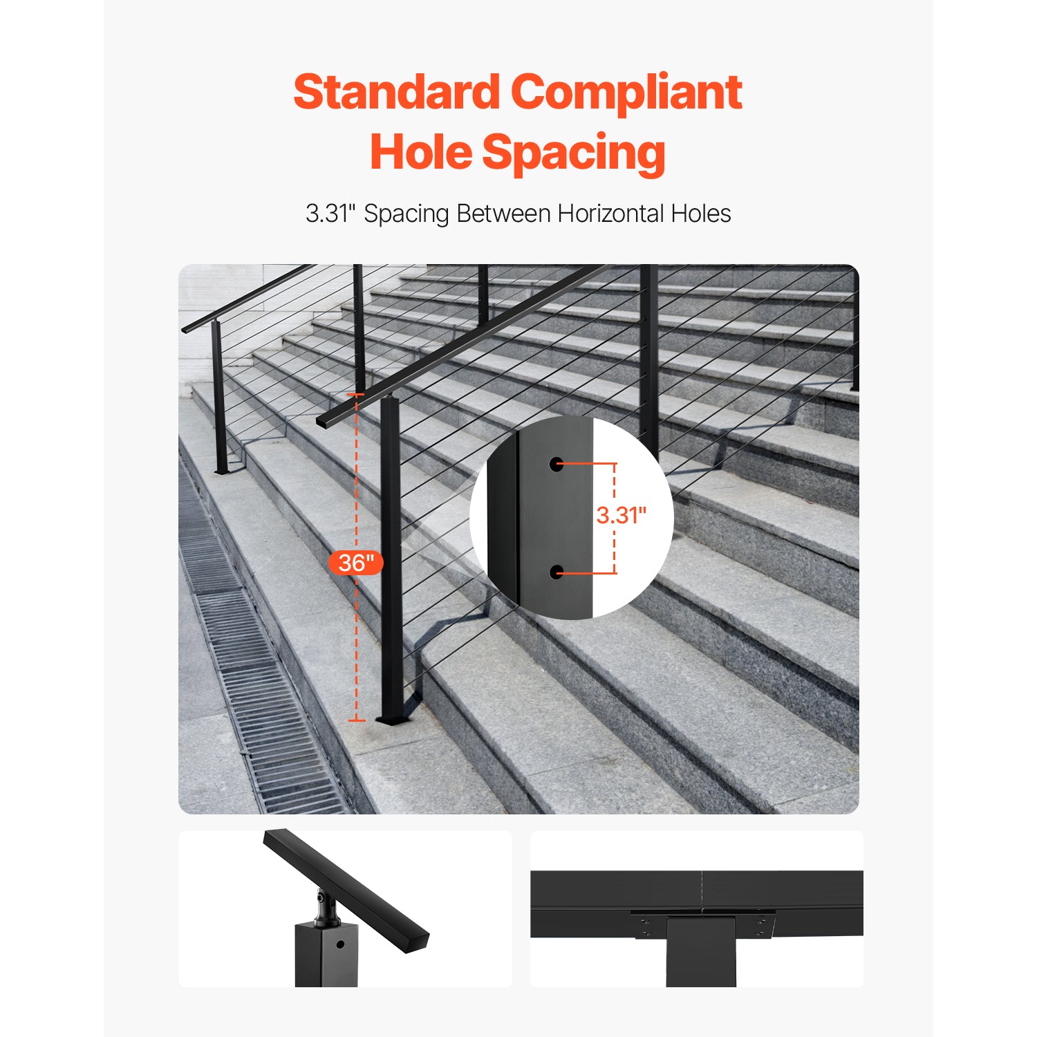 Cable Railing Post, 36x1x2 Inch Stair Railing Post, with Pre-Drilled 30° Angled Holes, Stainless Steel Cable Rail Post with Horizontal and Curved Bracket, 1-Pack, Black, 1JZLGZXHS91402OS1001V0