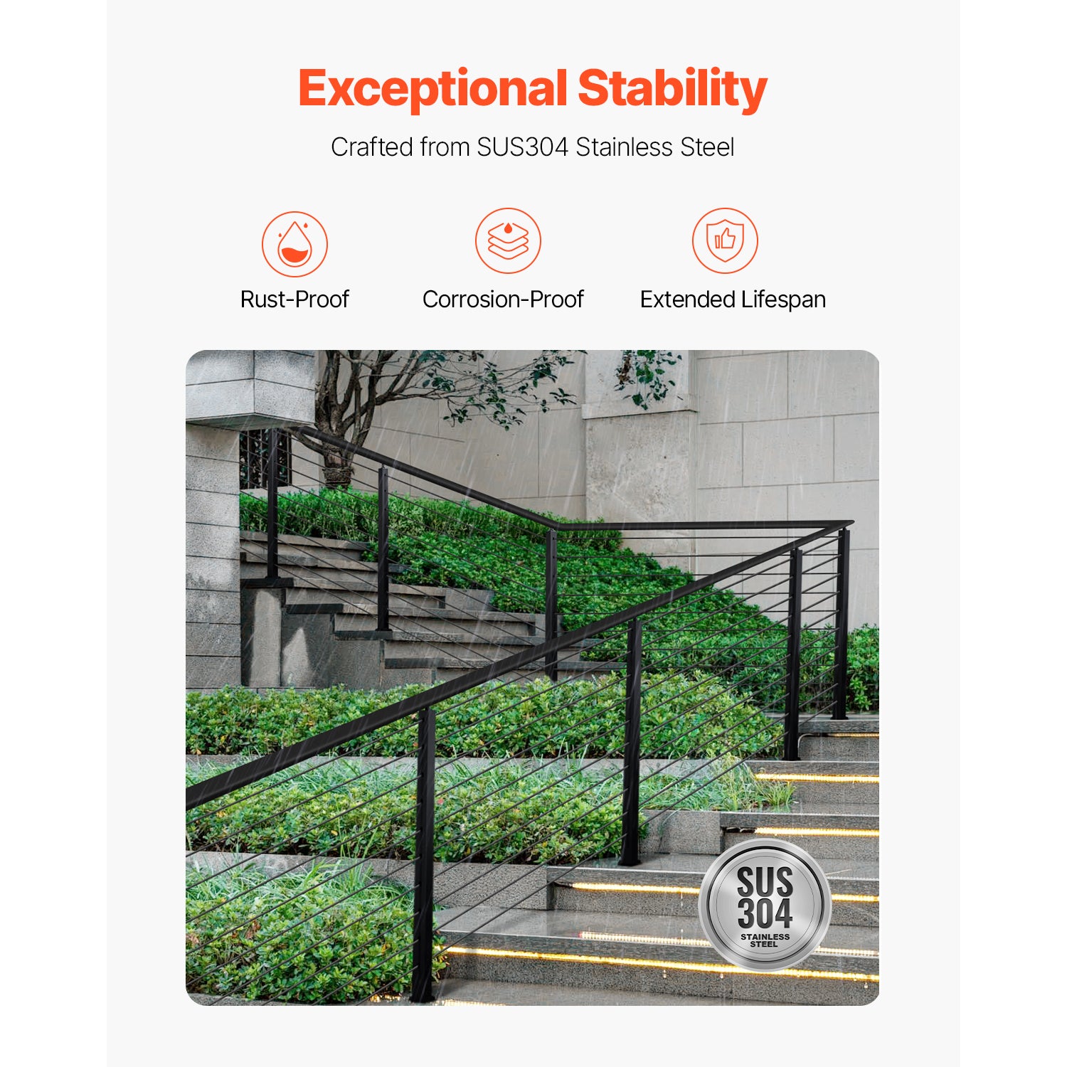 Cable Railing Post, 36x1x2 Inch Stair Railing Post, with Pre-Drilled 30° Angled Holes, Stainless Steel Cable Rail Post with Horizontal and Curved Bracket, 1-Pack, Black, 1JZLGZXHS91402OS1001V0