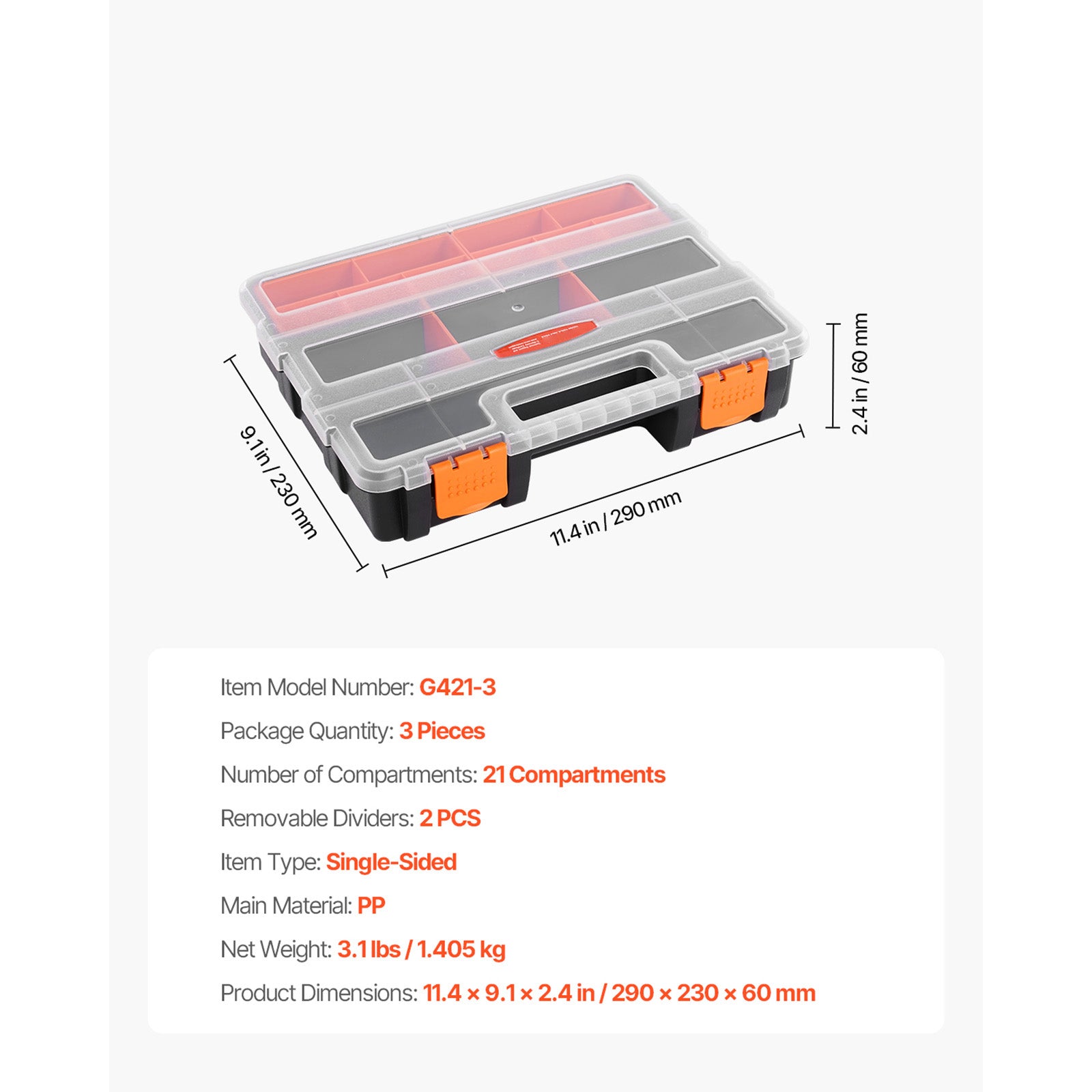 3-Pack Small Parts Organizer, 21 Compartments Tools Organizer Box with Removable Dividers, High-Quality PP Hardware Storage Box with Safety Latch & Portable Handle for Nuts, Bolts, Screws, Nails