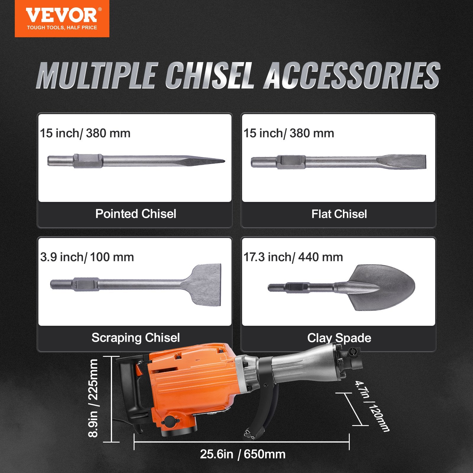 Demolition Jack Hammer, 2200W 1400 BPM Jack Hammer Concrete Breaker, Heavy Duty Electric Jack Hammer 6pcs Chisels Bit with Gloves, 360°C Swiveling Front Handle for Trenching and Breaking Holes