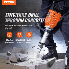 Demolition Jack Hammer, 2200W 1400 BPM Jack Hammer Concrete Breaker, Heavy Duty Electric Jack Hammer 6pcs Chisels Bit with Gloves, 360°C Swiveling Front Handle for Trenching and Breaking Holes