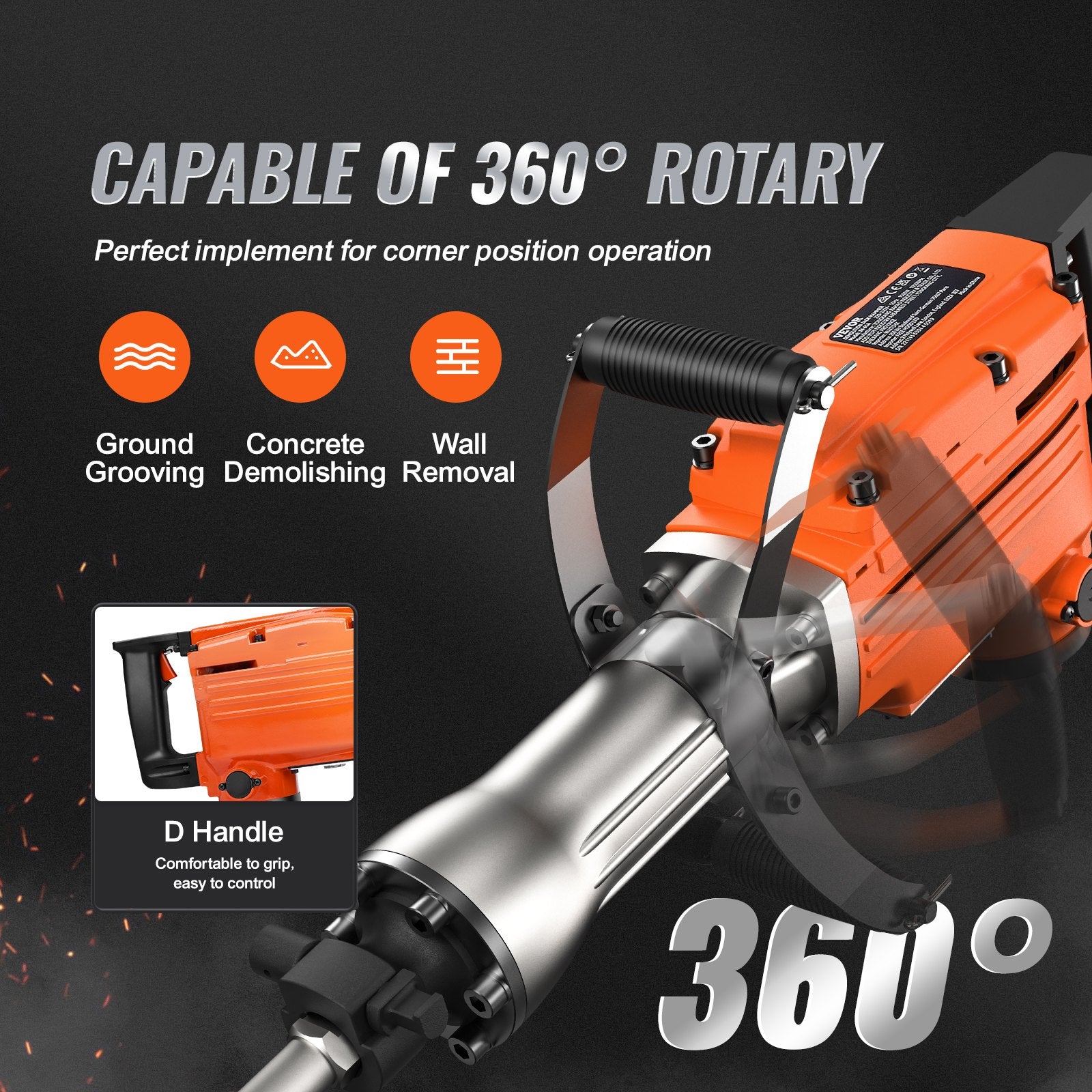 Demolition Jack Hammer, 2200W 1400 BPM Jack Hammer Concrete Breaker, Heavy Duty Electric Jack Hammer 6pcs Chisels Bit with Gloves, 360°C Swiveling Front Handle for Trenching and Breaking Holes