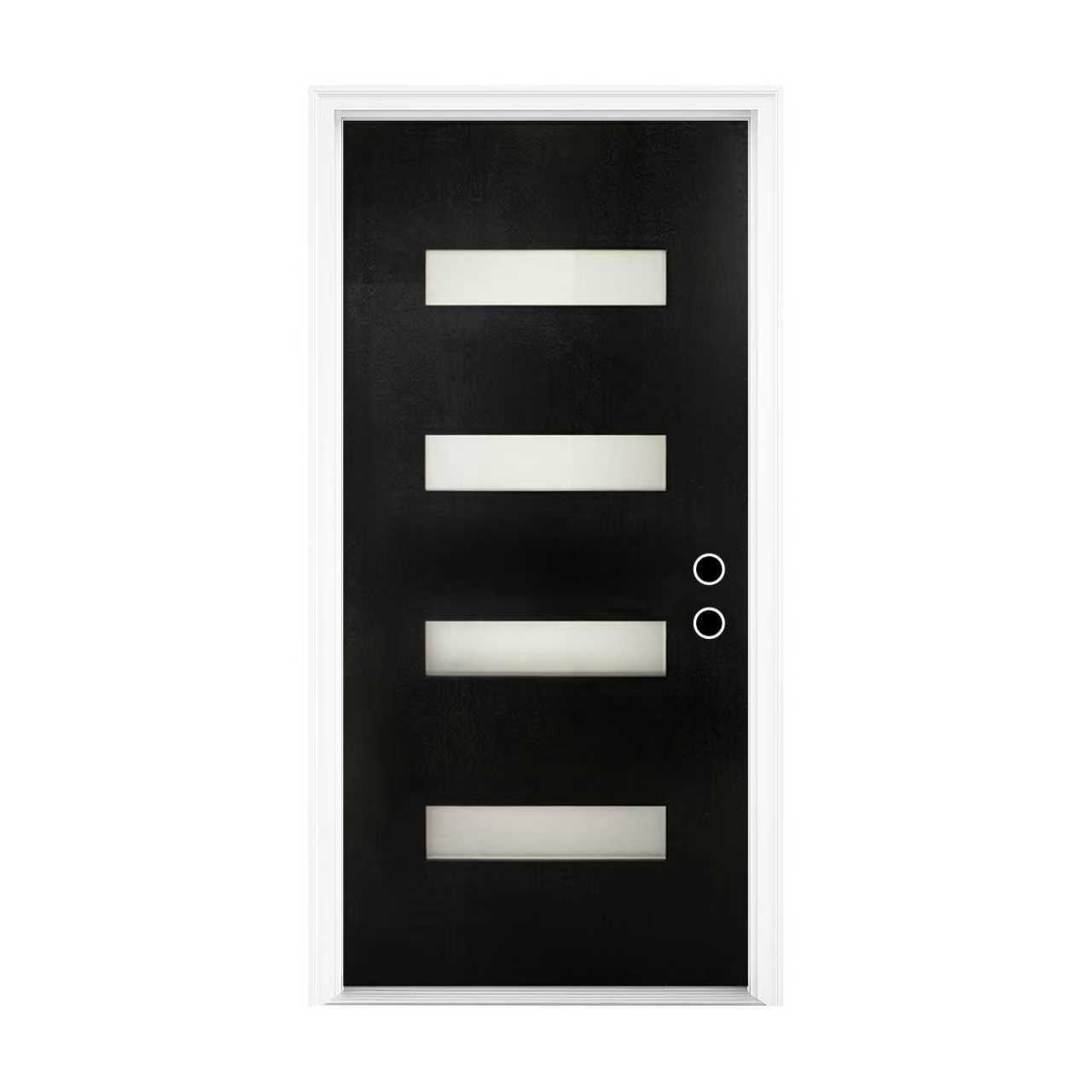 36 x 80 Fiberglass Entry Door with Brickmould, Frosted Glass, Black Finishe Knock-Down Fiberglass Door - Contemporary Style for Home's Front Entrance, Left Hand Inswing with 4-9/16 White Vinyl Frame