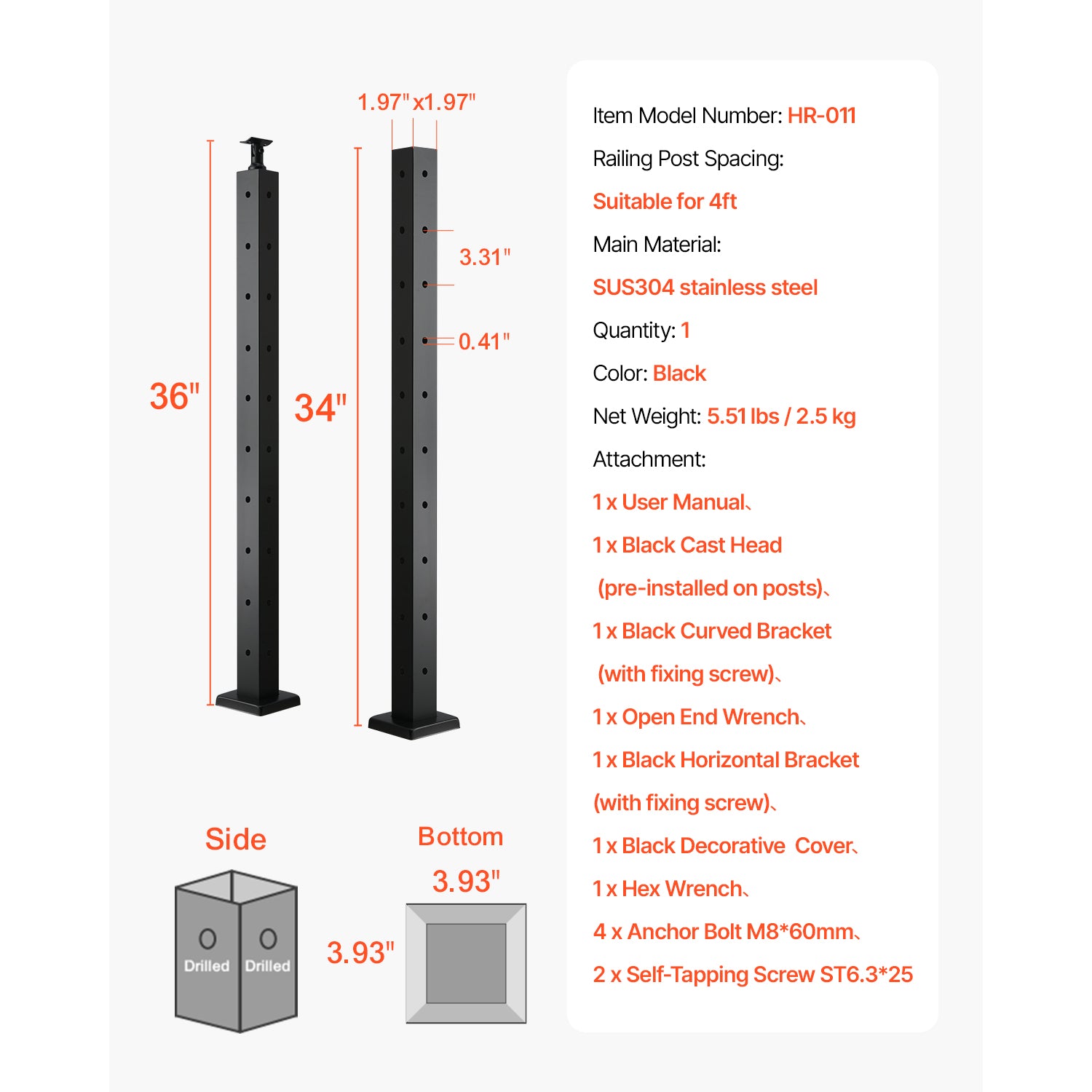 Cable Railing Post, 36x2x2 Inch Corner Railing Post, with L-Shaped Pre-Drilled Holes, Stainless Steel Cable Rail Post with Horizontal and Curved Bracket, 1-Pack, Black, 1JZLGZXHS914ZPBNY001V0