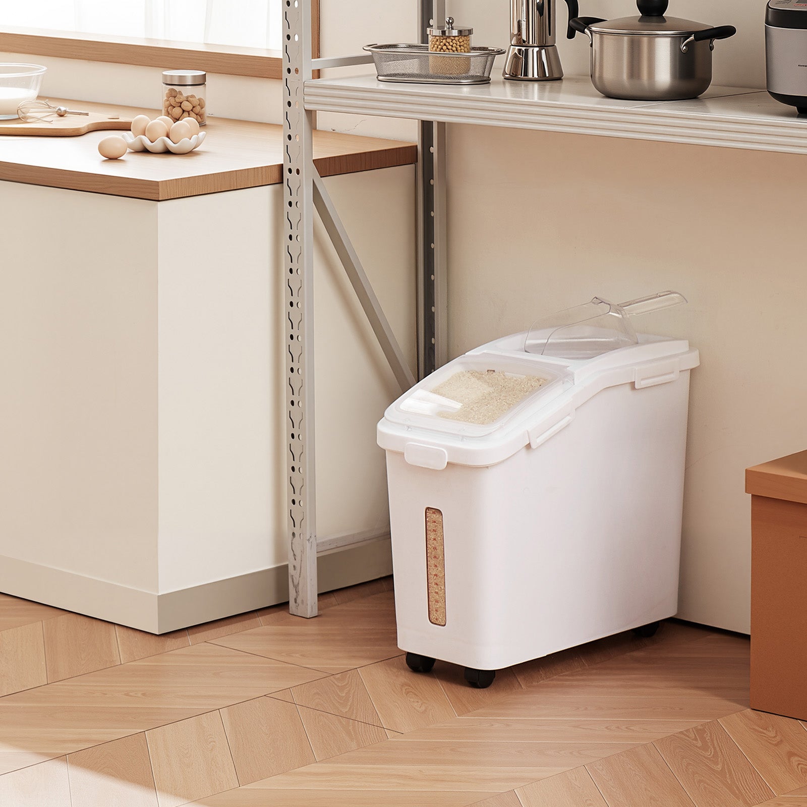 Ingredient Storage Bin, 11.4 Gallon Capacity Shelf Ingredient Bin, 280 Cup Flour Bins on Wheels Commercial Prosave Shelf-storage Ingredient Bin with Lid and Scoop Rice Bin for Kitchen White