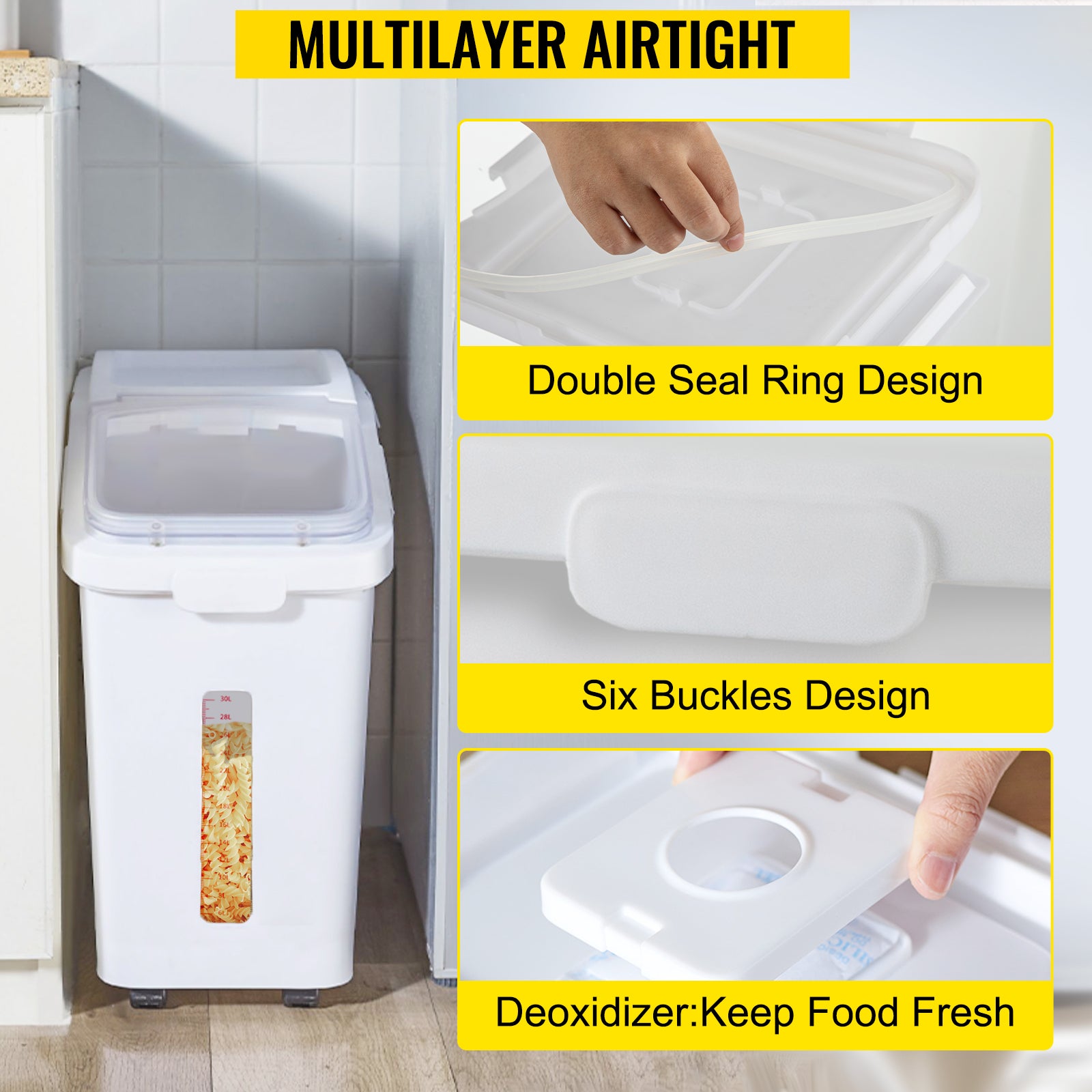 Ingredient Storage Bin, 11.4 Gallon Capacity Shelf Ingredient Bin, 280 Cup Flour Bins on Wheels Commercial Prosave Shelf-storage Ingredient Bin with Lid and Scoop Rice Bin for Kitchen White