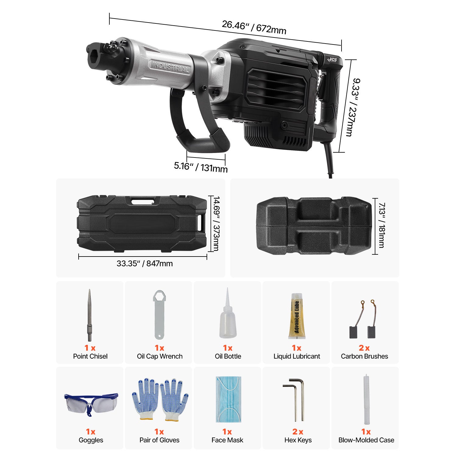 Demolition Jack Hammer, 3000 W Powerful Electric Jackhammer, 1700 BPM Concrete Breaker with a Point Chisel, Carrying Case, Gloves, Goggles, for Concrete, Wall, Brick, Tile and Foundation