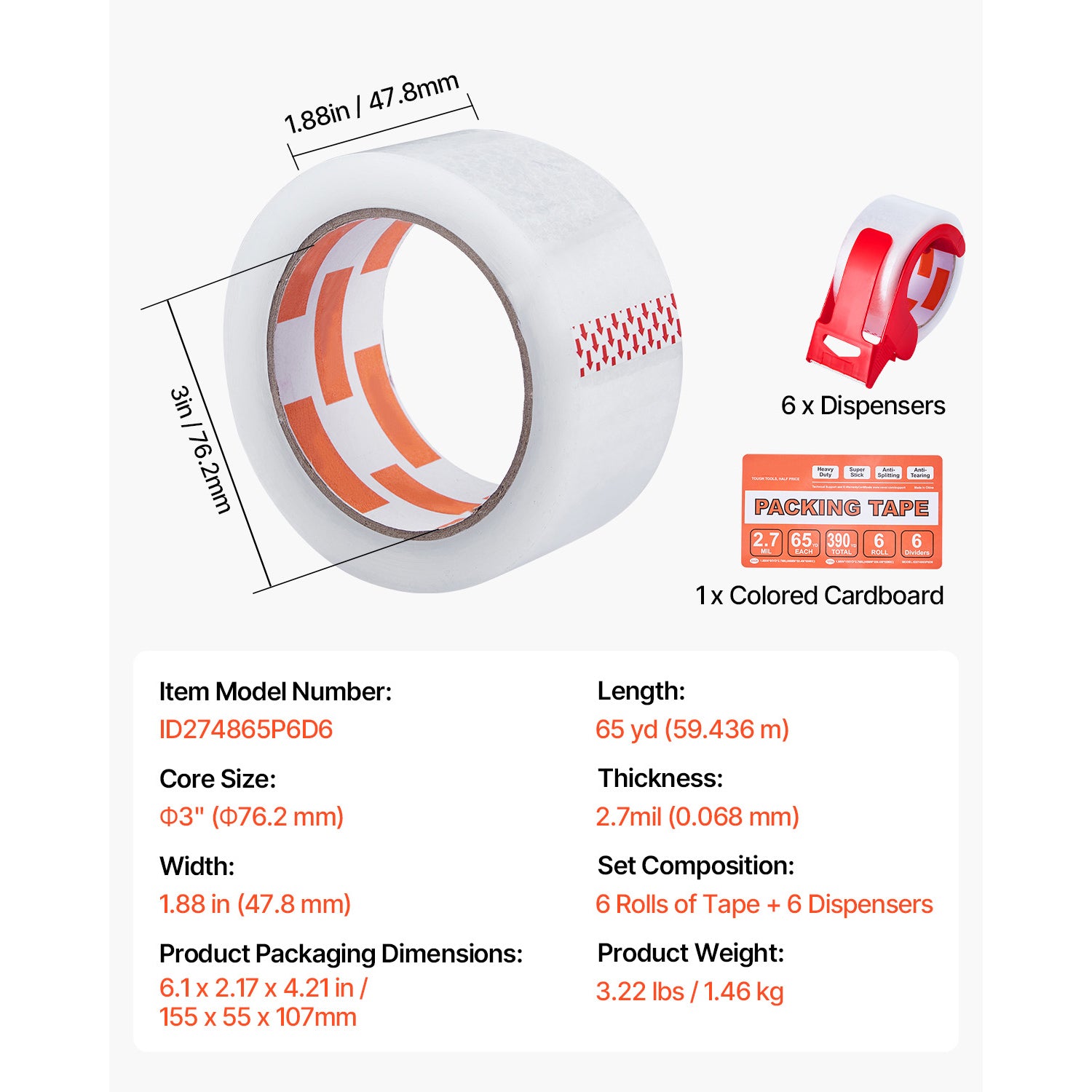 Clear Packing Tape 6 Rolls 65 Yards Clear Shipping Tape with Dispenser 2.7 Mil