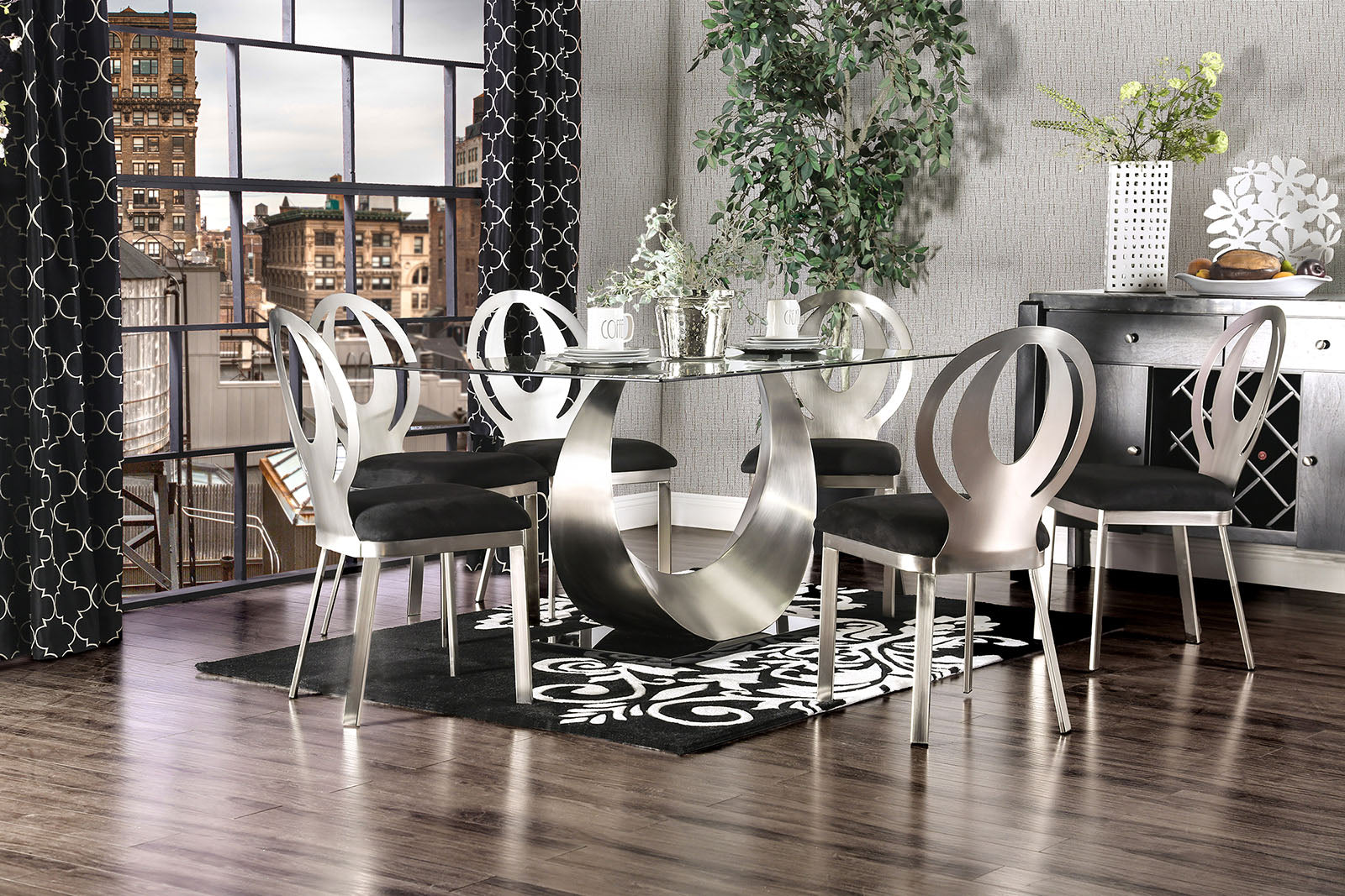 Contemporary Style Silver Metal Frame 2pc Dining Chairs Black Microfiber Seat Cushion Dining Room Oval Back Design Chair