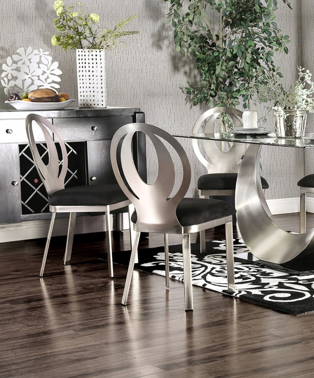 Contemporary Style Silver Metal Frame 2pc Dining Chairs Black Microfiber Seat Cushion Dining Room Oval Back Design Chair