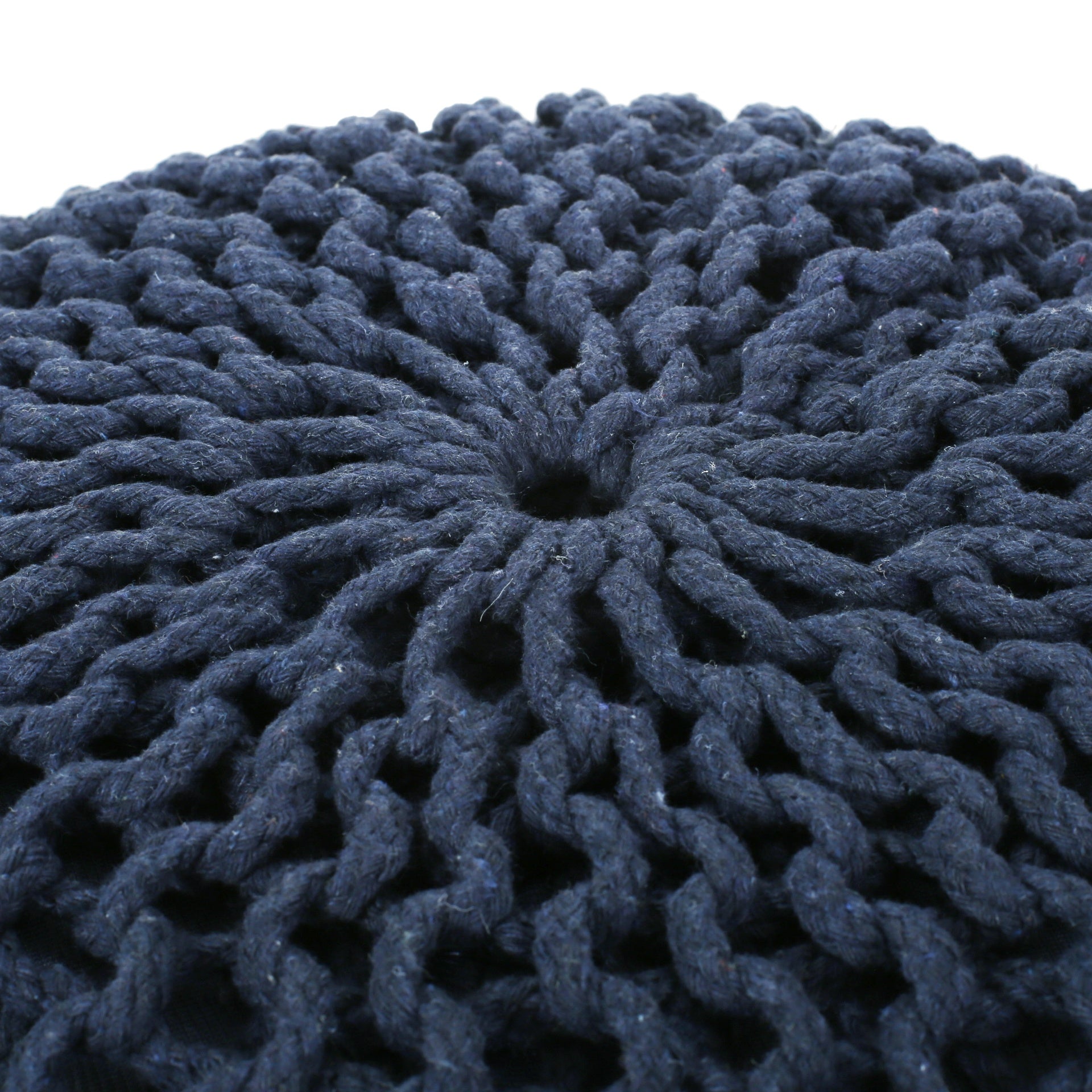 Bordeaux  Knitted Cotton Round Pouf, Navy Blue