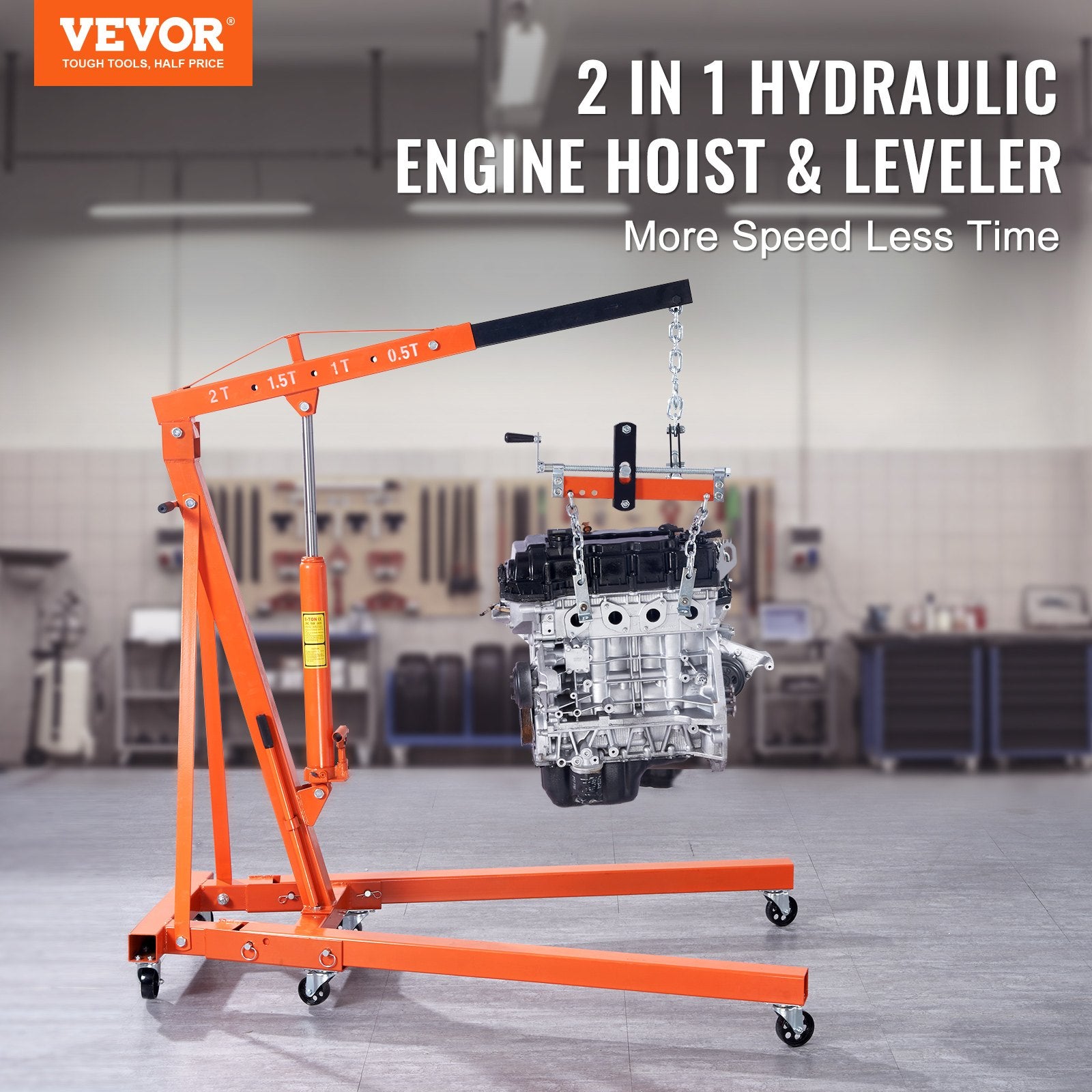 Hydraulic Engine Hoist with Lever, 2 Ton/4400 LBS Heavy-duty Cherry Picker Shop Crane, Foldable Engine Crane and Engine Hoist leveler for Auto Repair, Motors, Weights Lifting, Loading