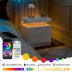 Nightstand LED Bedside Table Cabinet Lights Modern End Side with 2 Drawers for Bedroom (White Stone)