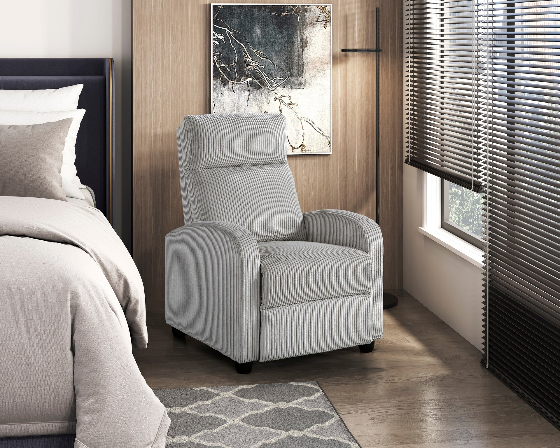 Modern Push Back Recliner Chair Light Gray Soft Corduroy Upholstery Comfort Solid Wood Living Room Furniture 1pc