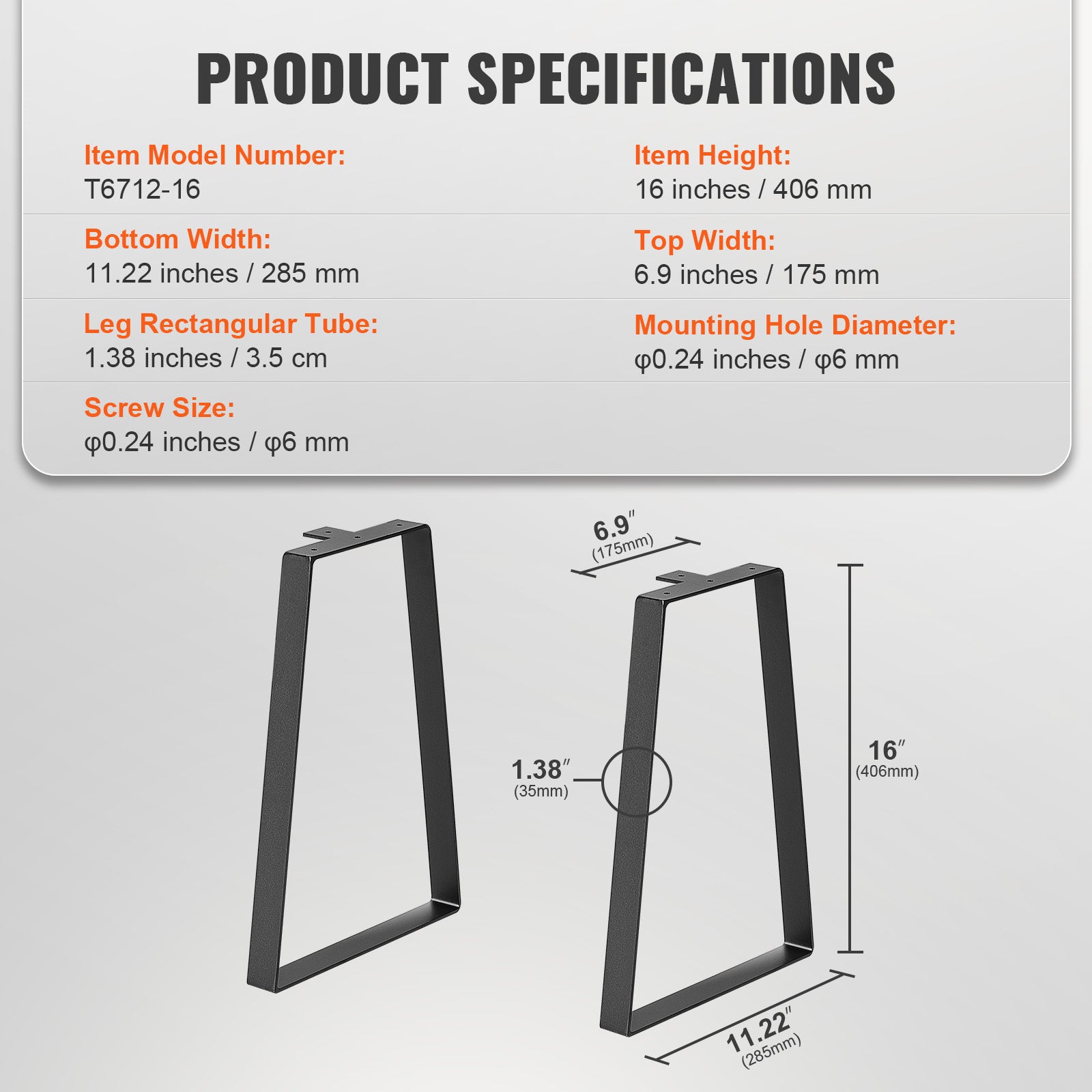 16 inch Trapezoid Steel Table Legs, Replacement Furniture Legs Set of 2 for DIY Coffee Tables, Modern Desks, Bench, Night Stands, Sofa, Max Load 400 lbs Heavy Duty, Quick Instalation Legs Black