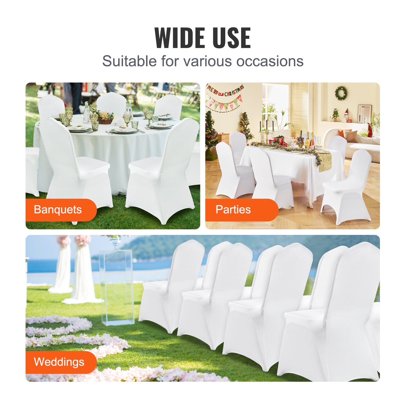 Stretch Spandex Folding Chair Covers, Universal Fitted Arched Front Cover, Removable Washable Protective Slipcovers, for Wedding, Holiday, Banquet, Party, Celebration, Dining (100PCS White)