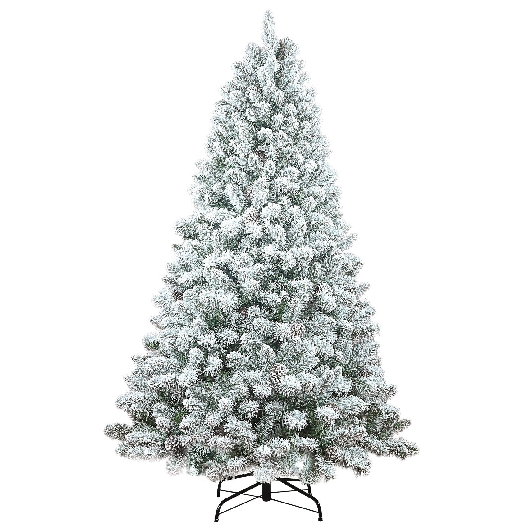6FT Flocked Christmas Tree with Pine Cones – Snowy PVC Artificial Holiday Tree, 888 Tips, 36 Natural Pinecones, Sturdy Metal Stand, Full Shape for Seasonal Decoration