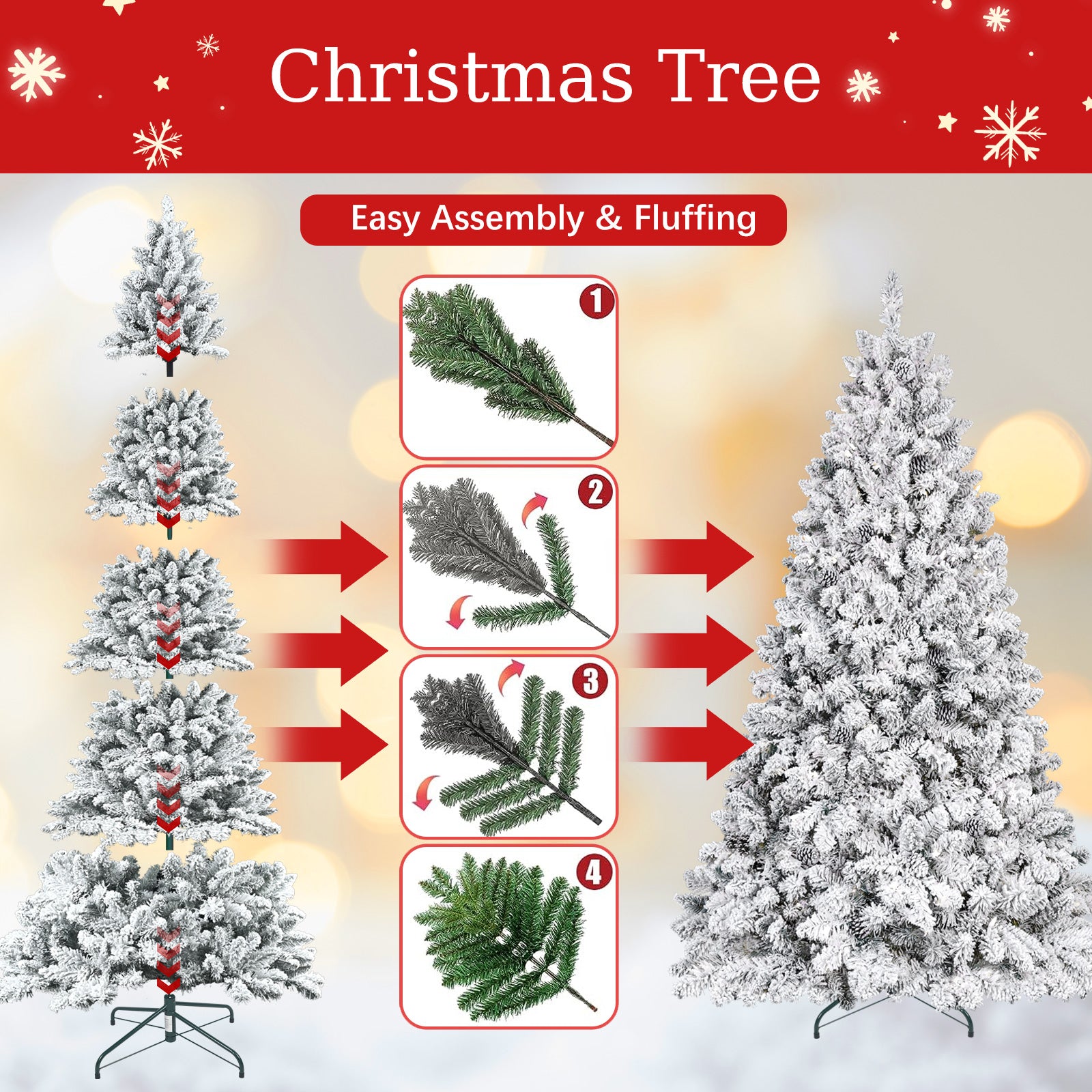 6FT Flocked Christmas Tree with Pine Cones – Snowy PVC Artificial Holiday Tree, 888 Tips, 36 Natural Pinecones, Sturdy Metal Stand, Full Shape for Seasonal Decoration