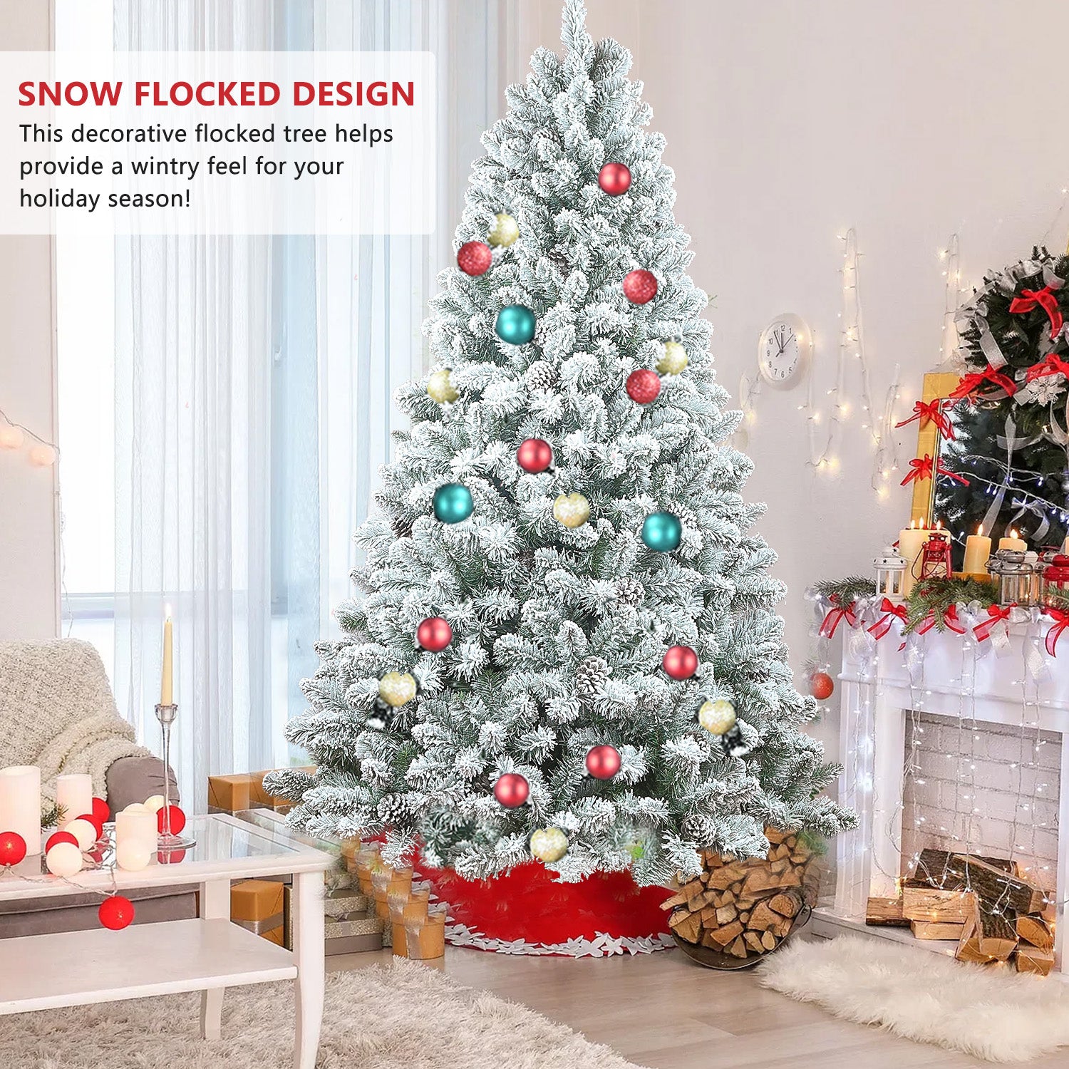 6FT Flocked Christmas Tree with Pine Cones – Snowy PVC Artificial Holiday Tree, 888 Tips, 36 Natural Pinecones, Sturdy Metal Stand, Full Shape for Seasonal Decoration