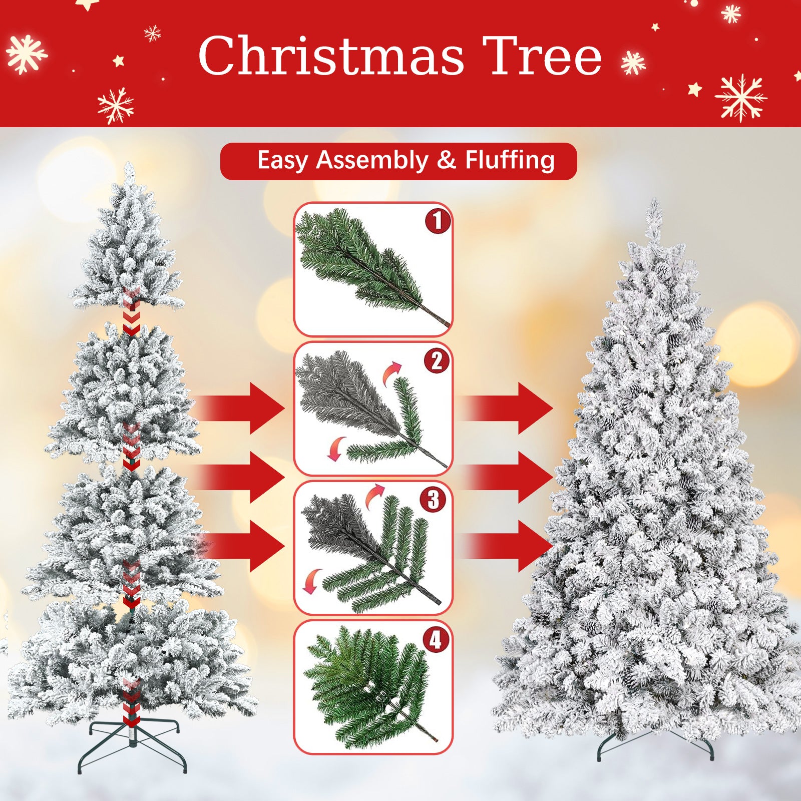 6FT Flocked Christmas Tree with Pine Cones – Snowy PVC Artificial Holiday Tree, 888 Tips, 36 Natural Pinecones, Sturdy Metal Stand, Full Shape for Seasonal Decoration