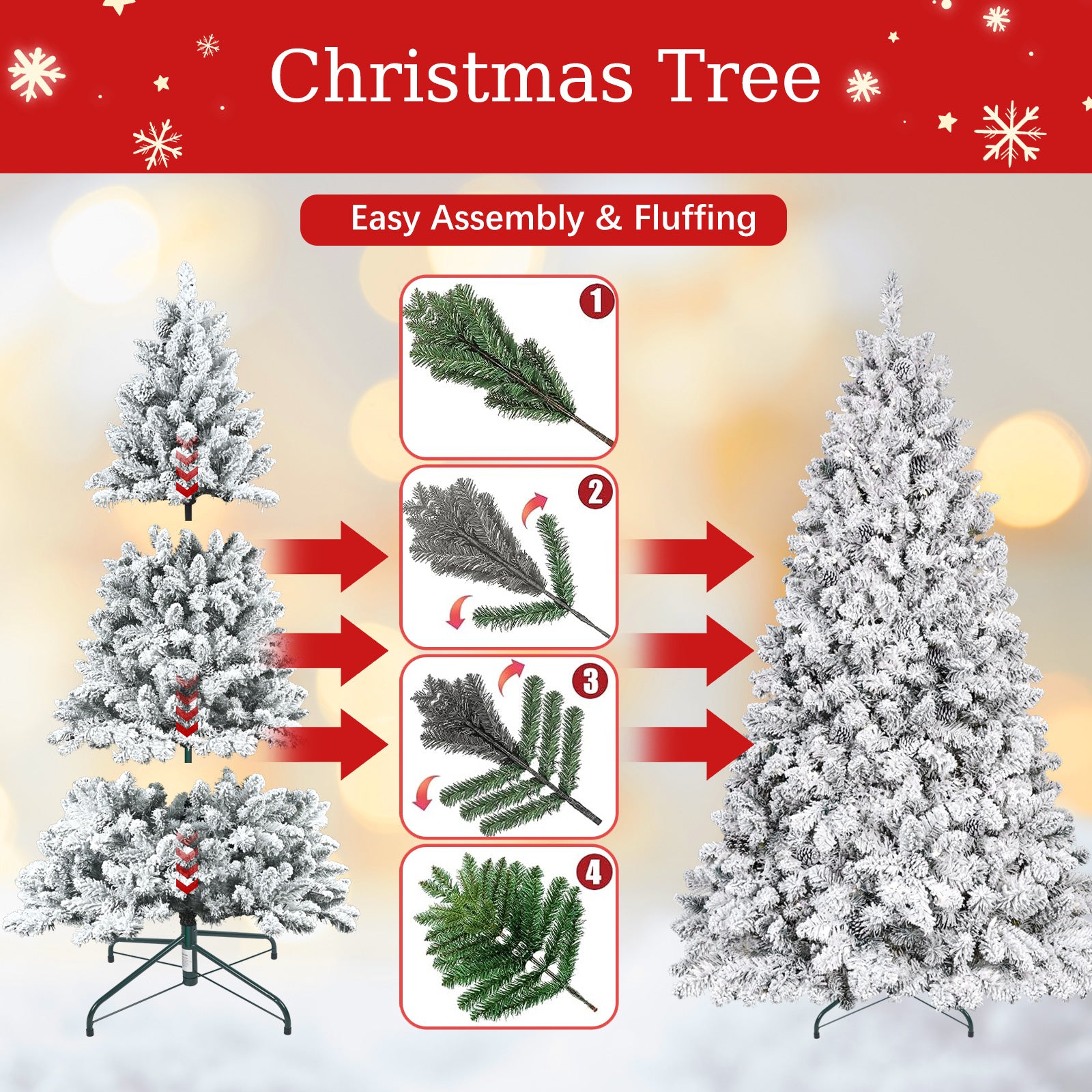 6FT Flocked Christmas Tree with Pine Cones – Snowy PVC Artificial Holiday Tree, 888 Tips, 36 Natural Pinecones, Sturdy Metal Stand, Full Shape for Seasonal Decoration