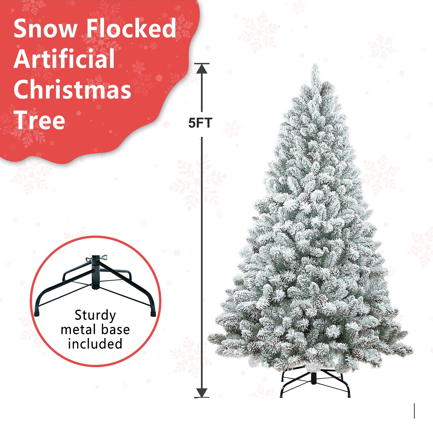 6FT Flocked Christmas Tree with Pine Cones – Snowy PVC Artificial Holiday Tree, 888 Tips, 36 Natural Pinecones, Sturdy Metal Stand, Full Shape for Seasonal Decoration