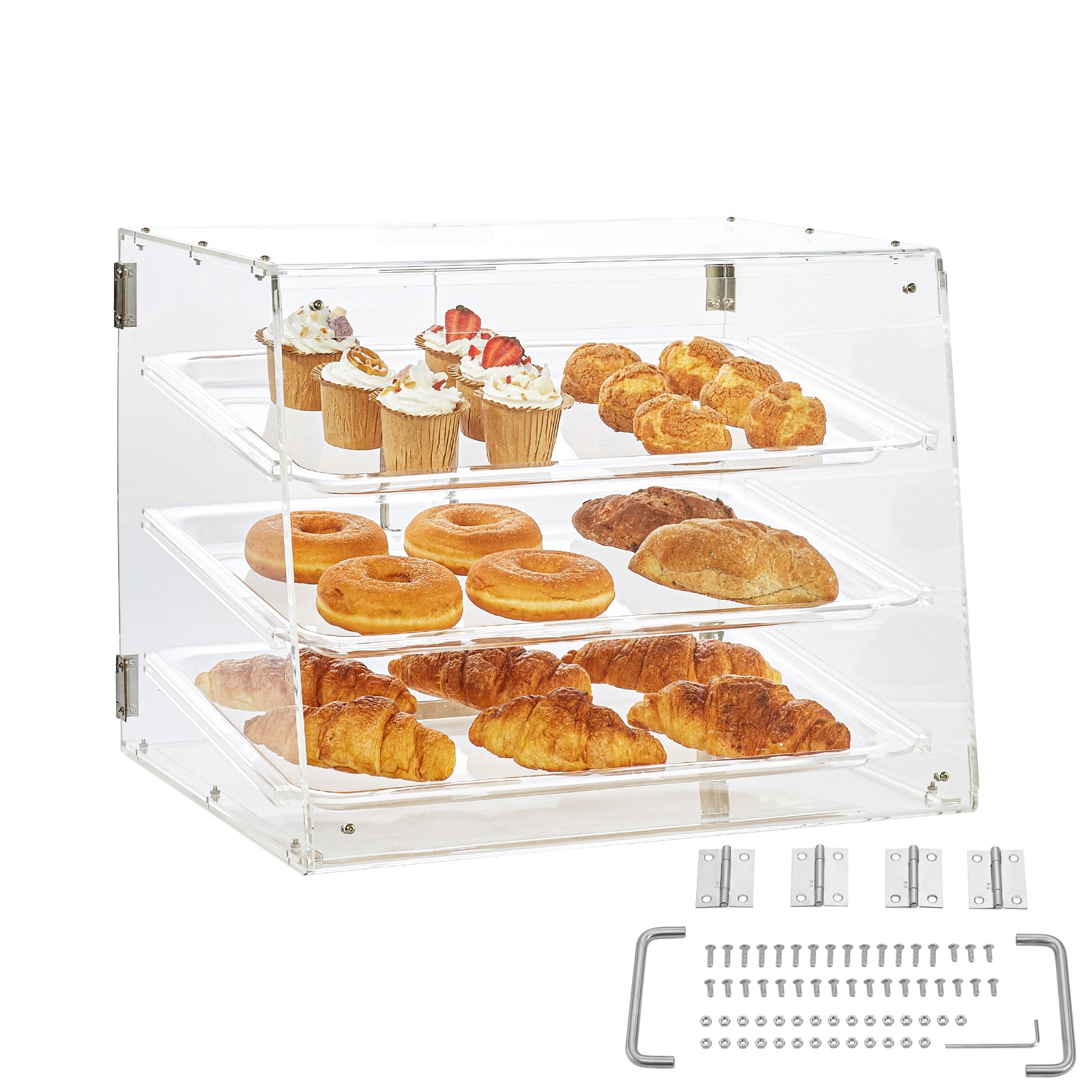Pastry Display Case, 3-Tier Commercial Countertop Bakery Display Case, Acrylic Display Box with Rear Door Access & Removable Shelves, Keep Fresh for Donut Bagels Cake Cookie, 20.7"x14.2"x16.3"