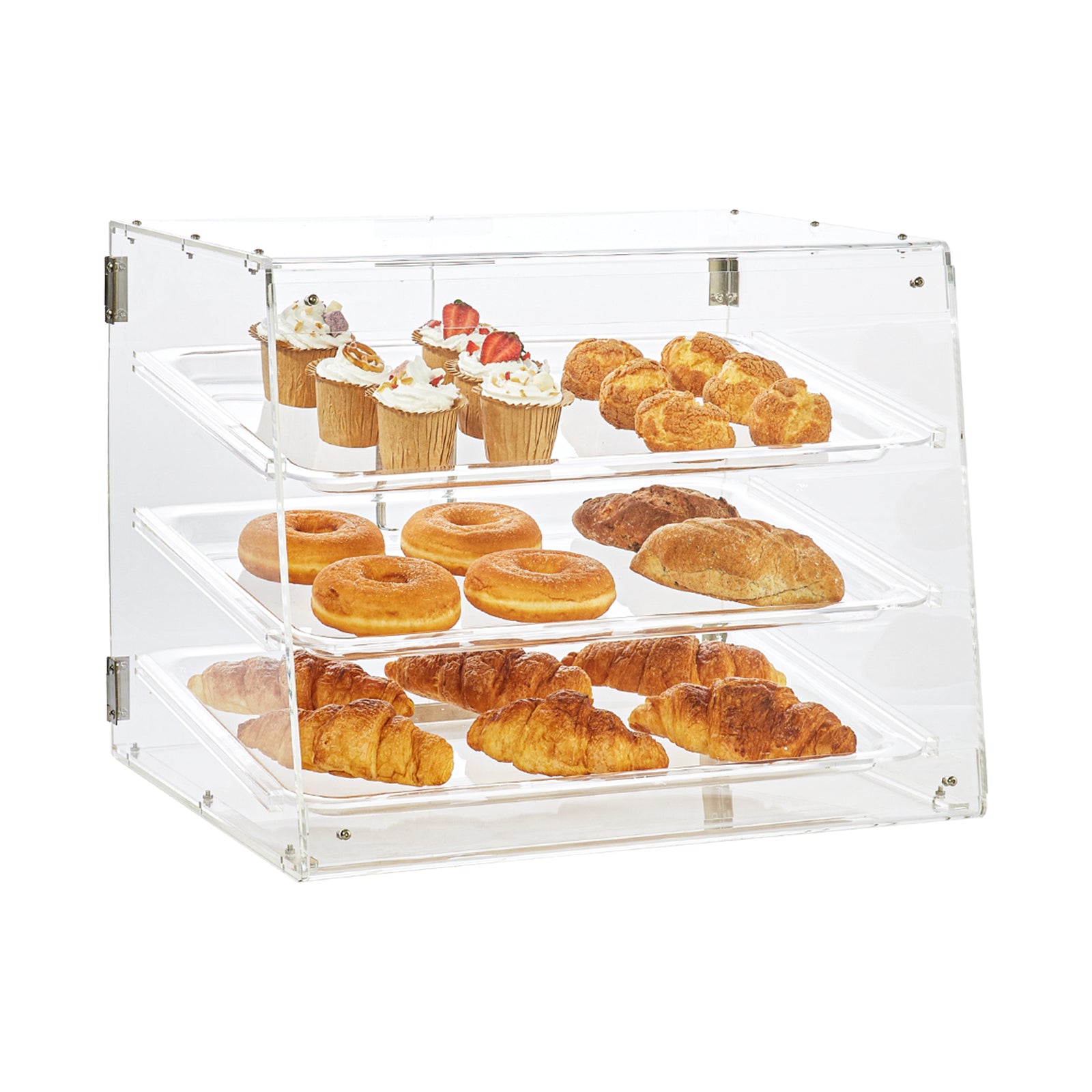 Pastry Display Case, 3-Tier Commercial Countertop Bakery Display Case, Acrylic Display Box with Rear Door Access & Removable Shelves, Keep Fresh for Donut Bagels Cake Cookie, 20.7"x14.2"x16.3"