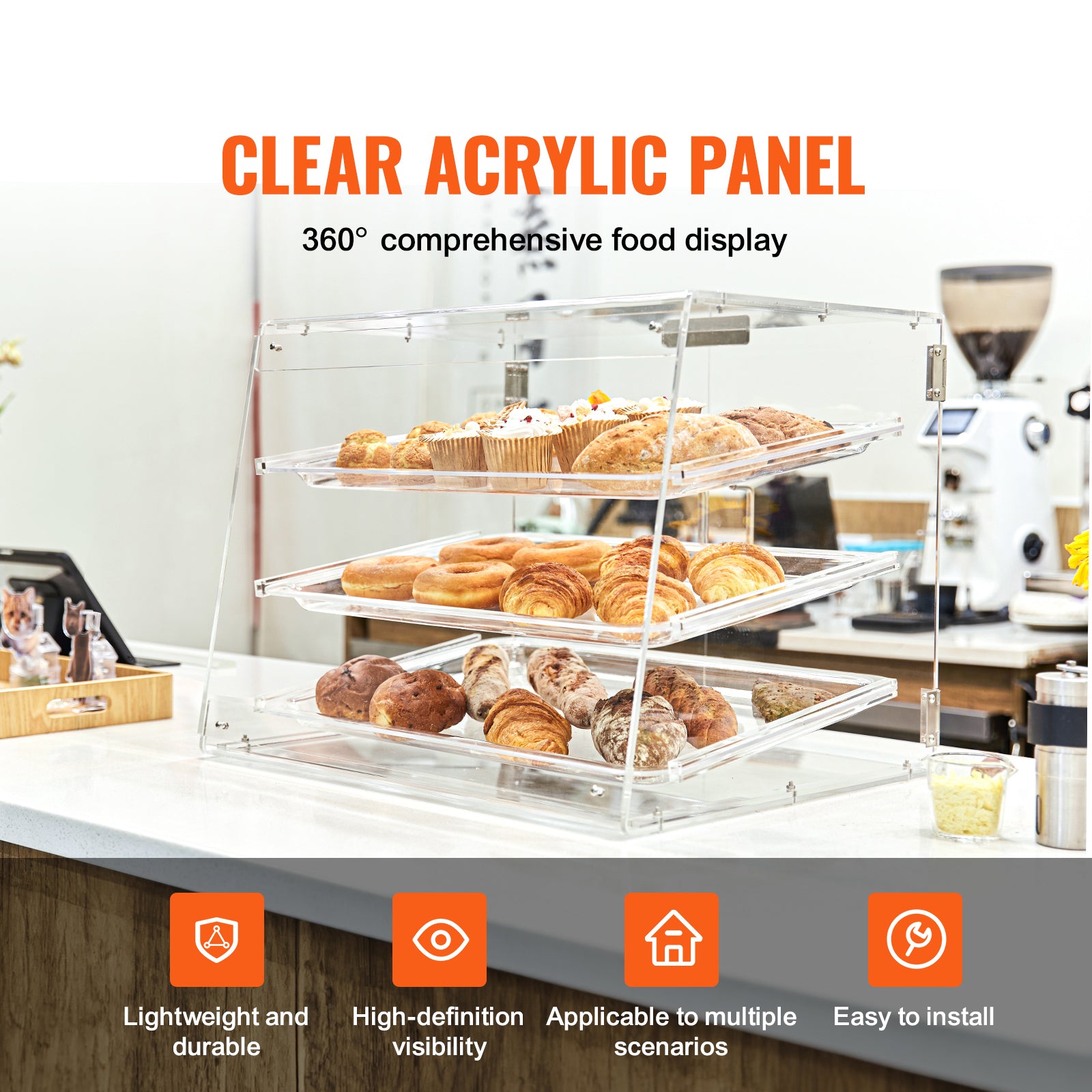 Pastry Display Case, 3-Tier Commercial Countertop Bakery Display Case, Acrylic Display Box with Rear Door Access & Removable Shelves, Keep Fresh for Donut Bagels Cake Cookie, 20.7"x14.2"x16.3"