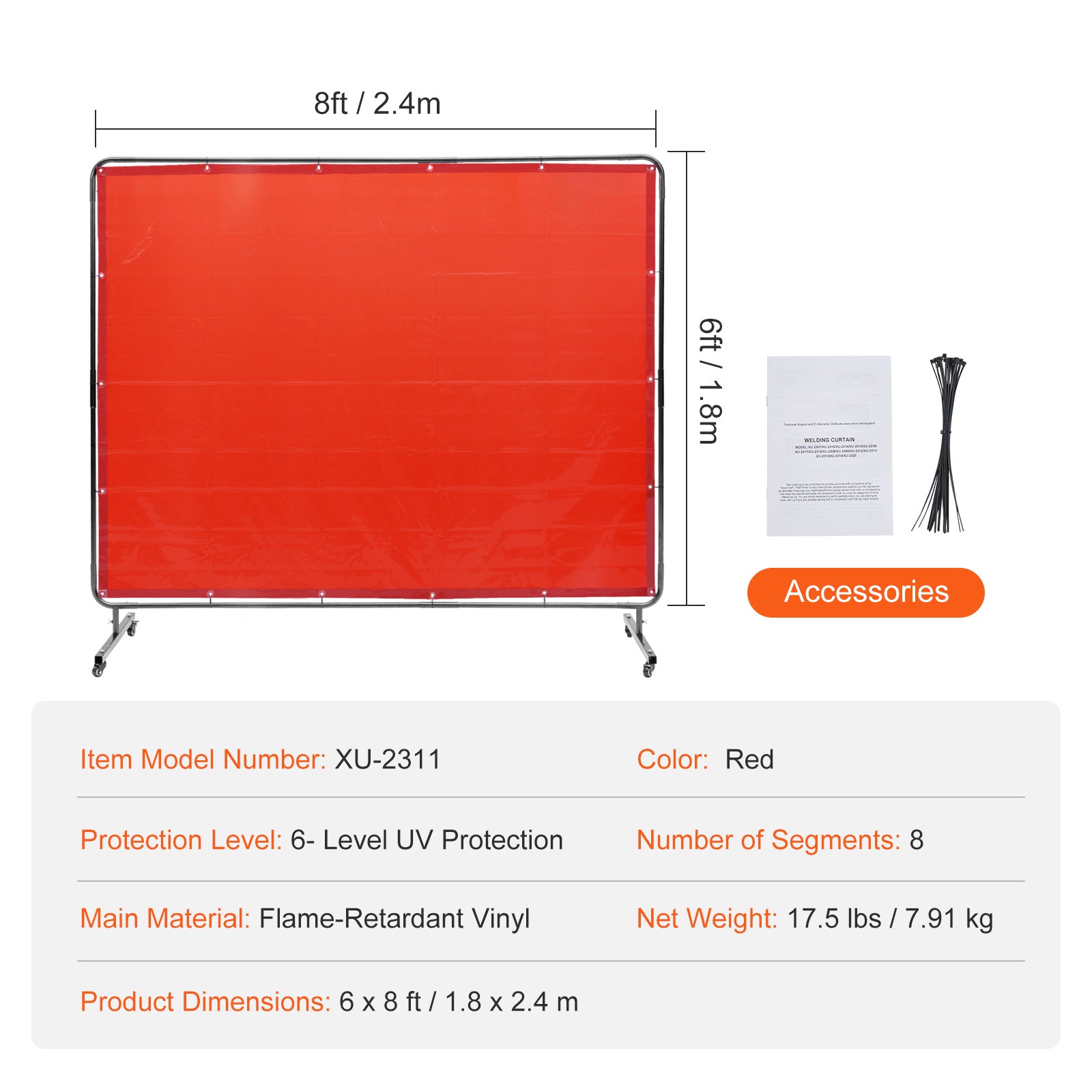 Welding Screen with Frame, 6' x 8' Welding Curtain Screen, Flame-Resistant Vinyl Welding Protection Screen on 4 Swivel Wheels (2 Lockable), Moveable & Professional for Workshop/Industrial, Red
