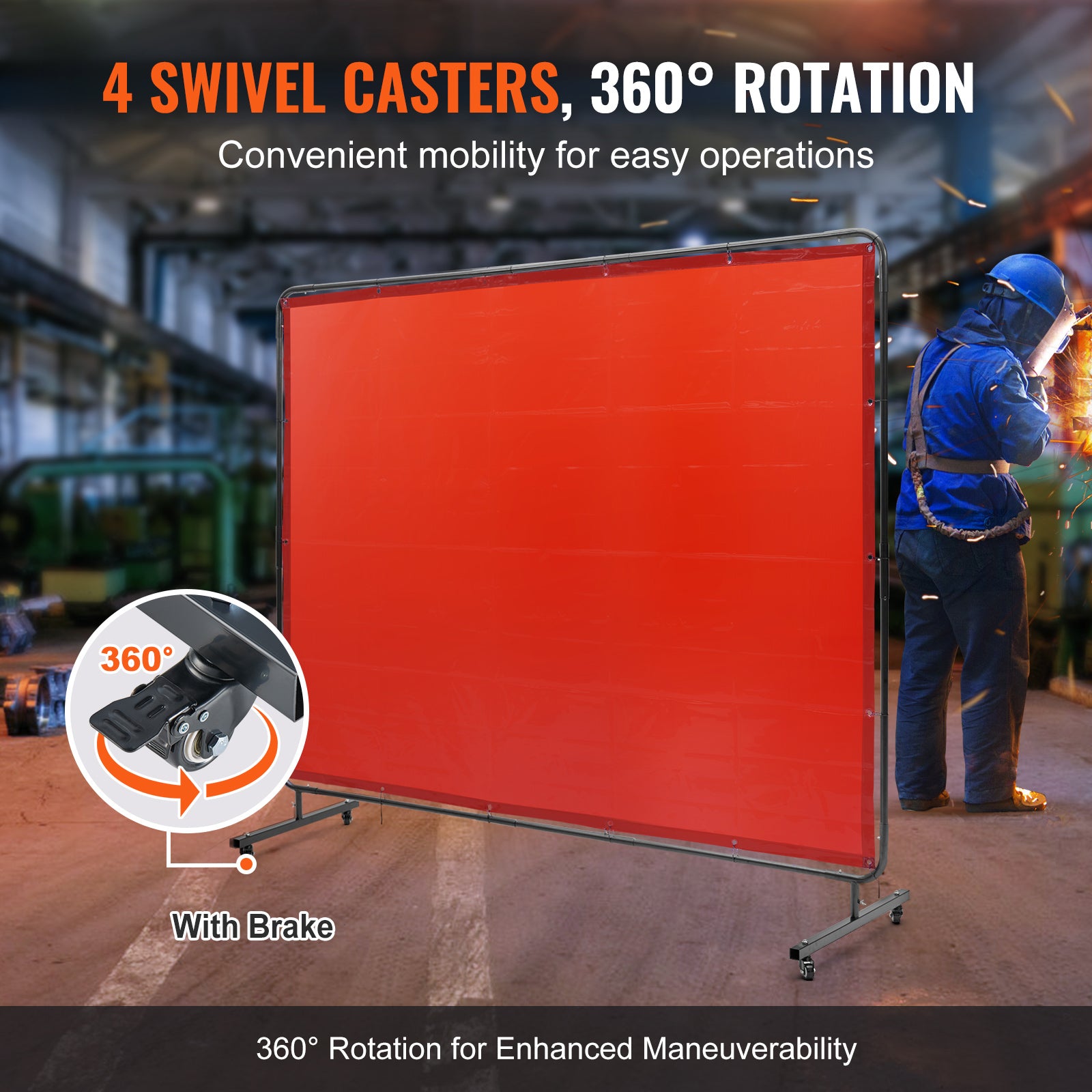 Welding Screen with Frame, 6' x 8' Welding Curtain Screen, Flame-Resistant Vinyl Welding Protection Screen on 4 Swivel Wheels (2 Lockable), Moveable & Professional for Workshop/Industrial, Red
