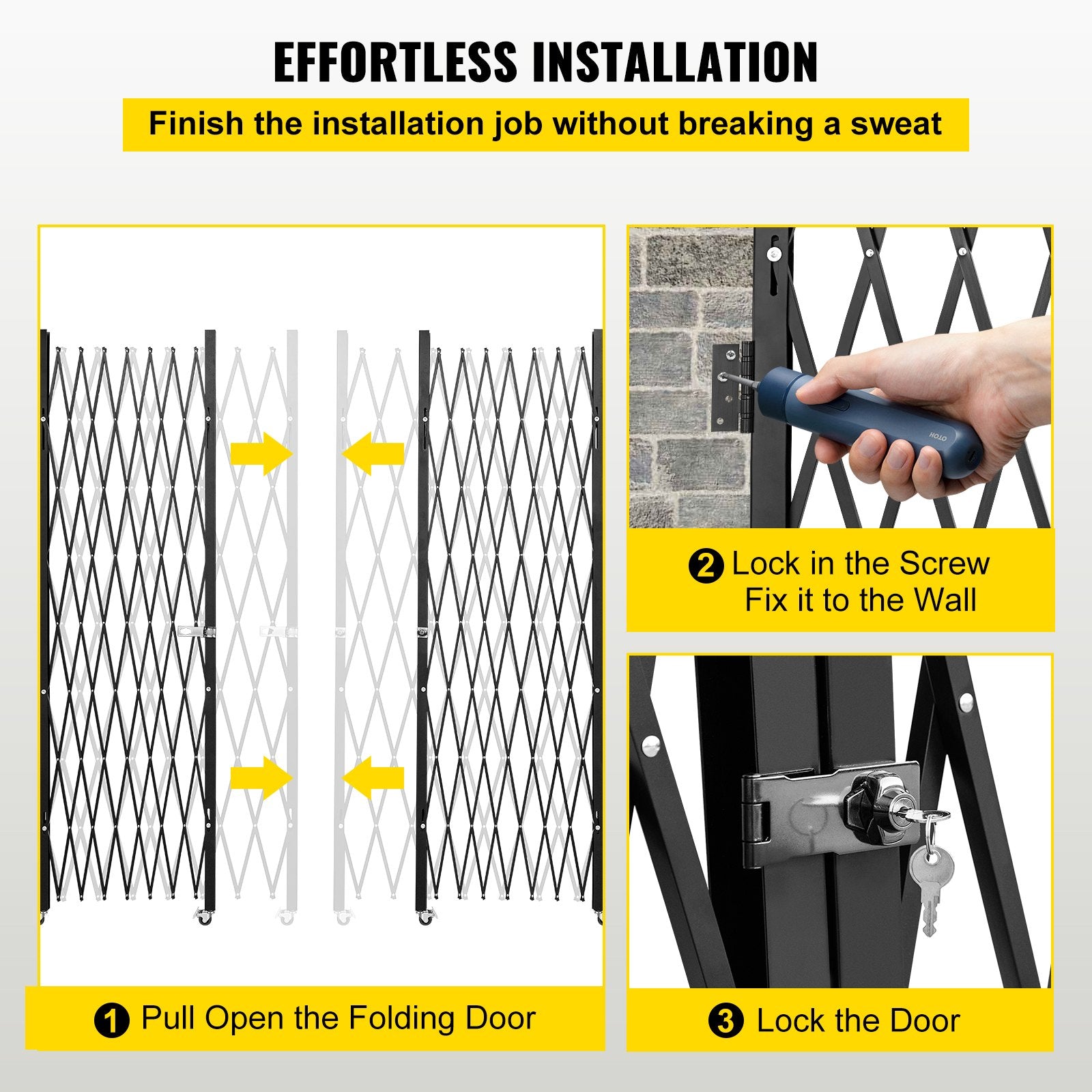 Double Folding Security Gate, 7.1' H x 12.5' W Folding Door Gate, Steel Accordion Security Gate, Flexible Expanding Security Gate, 360° Rolling Barricade Gate, Scissor Gate or Door with Keys
