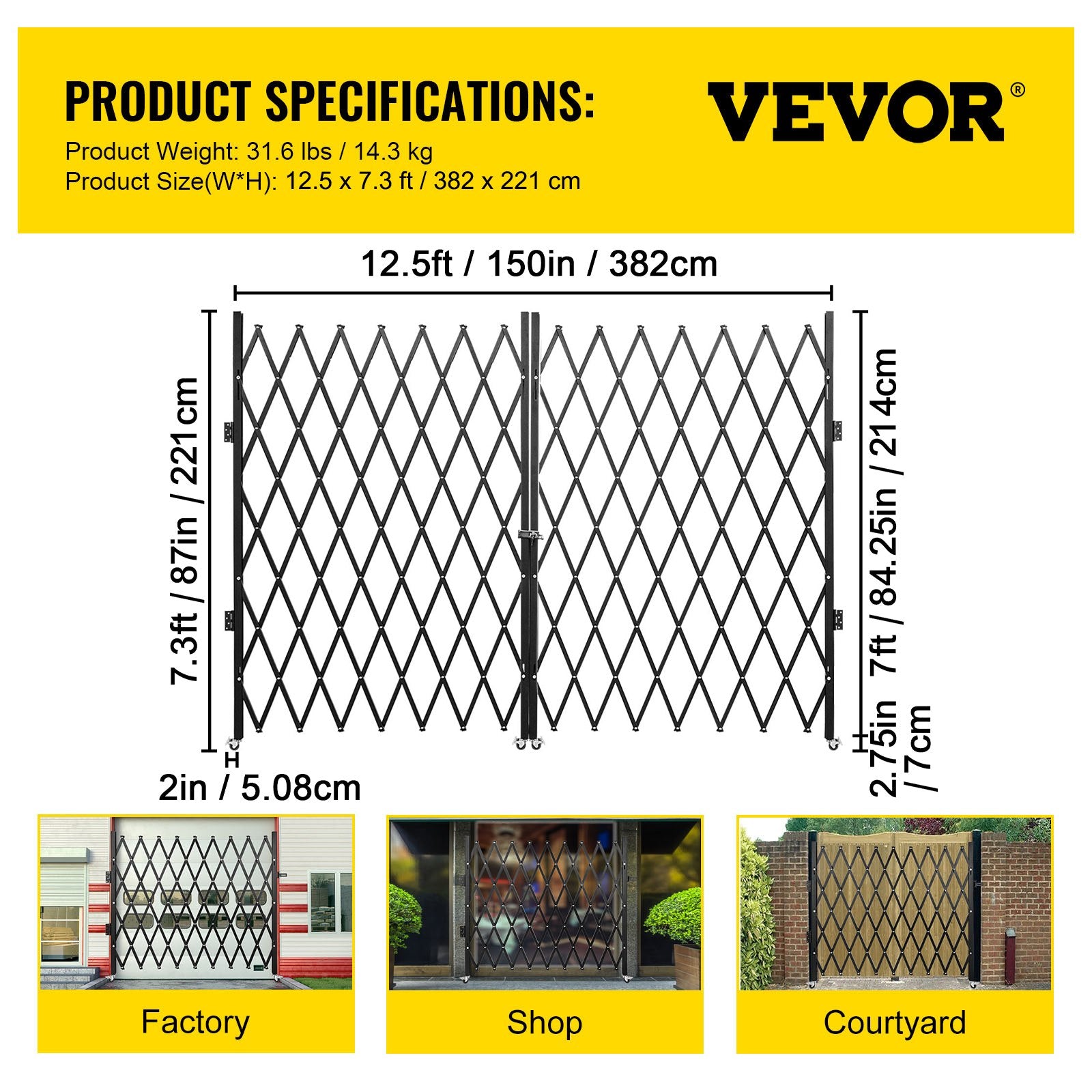 Double Folding Security Gate, 7.1' H x 12.5' W Folding Door Gate, Steel Accordion Security Gate, Flexible Expanding Security Gate, 360° Rolling Barricade Gate, Scissor Gate or Door with Keys