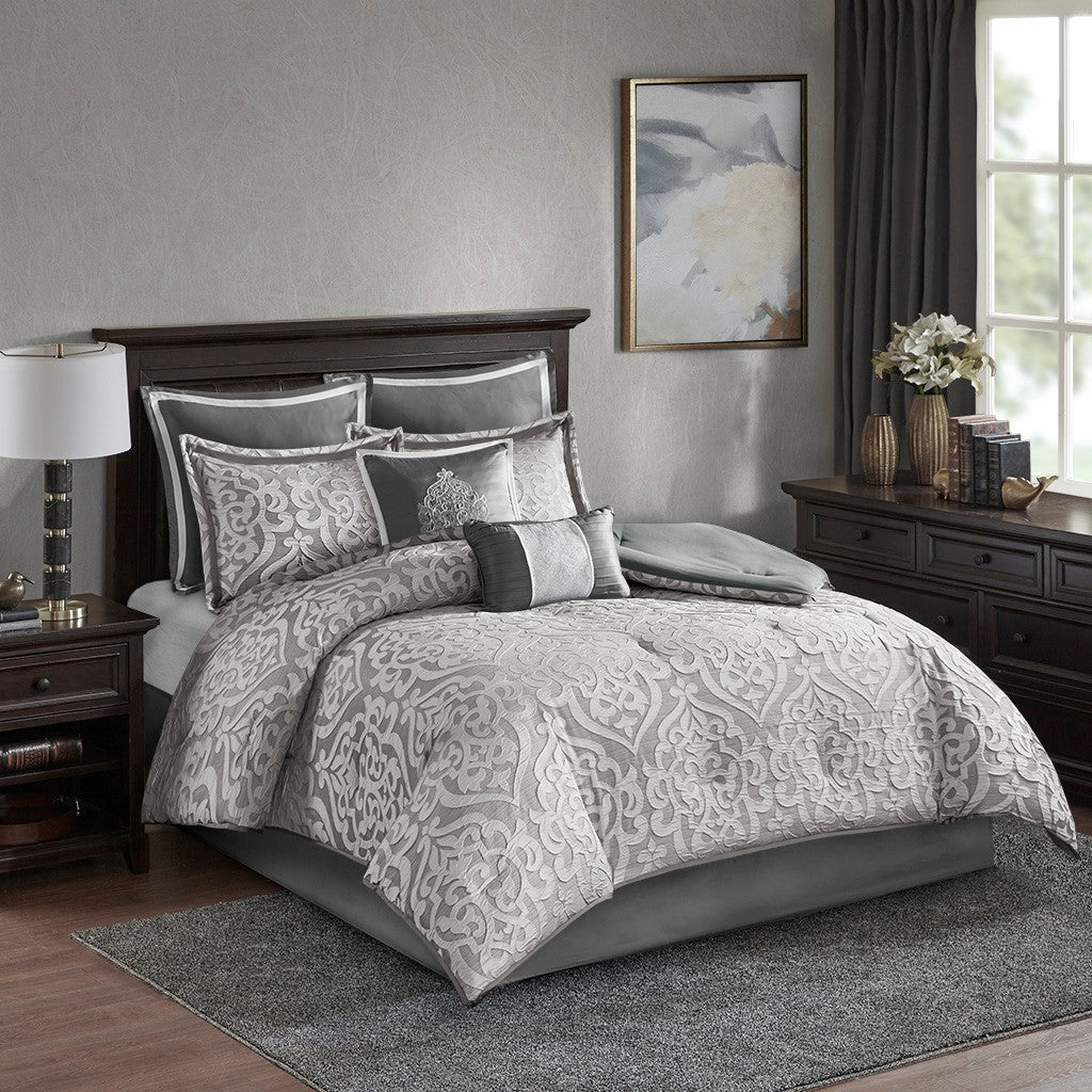 8 Piece Jacquard Comforter Set Silver/Silver King