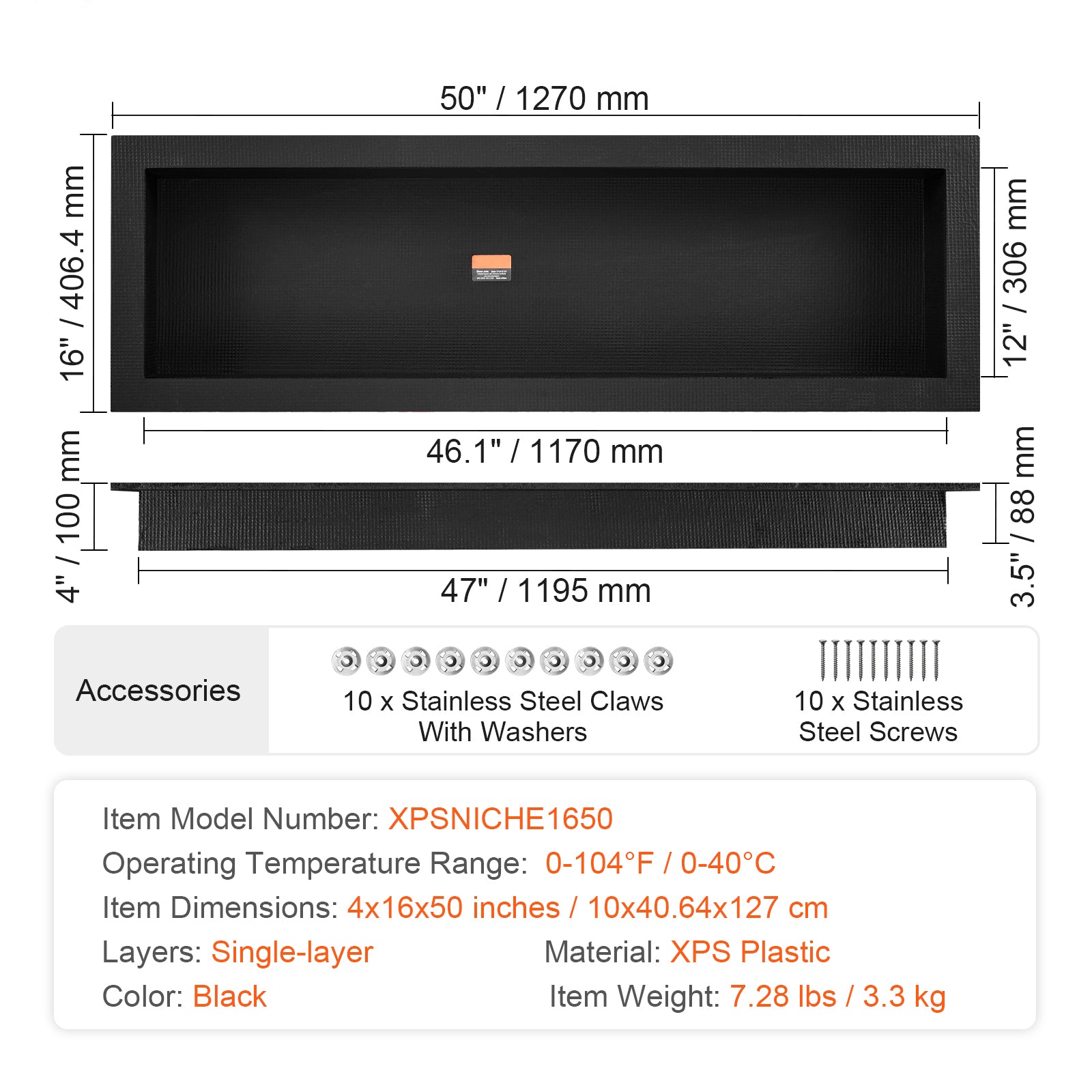 Shower Niche Ready for Tile 16" x 50", Single Shelf Organizer, Square Corners Wall-inserted Niche Recessed, Sealed Protection Modern Soap Storage Niche for Shower Bathroom, Black