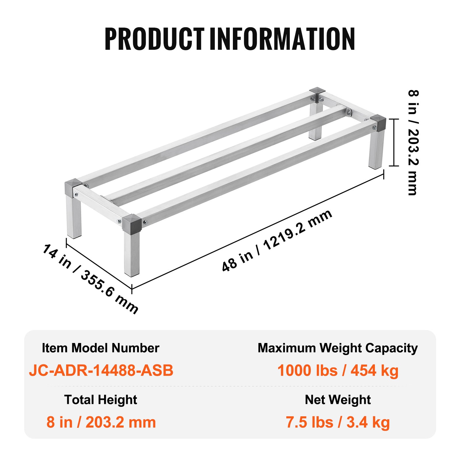 Newly Upgraded！Aluminum Dunnage Rack Stationary Dunnage Rack 48” x 14” x 8” Storage Rack