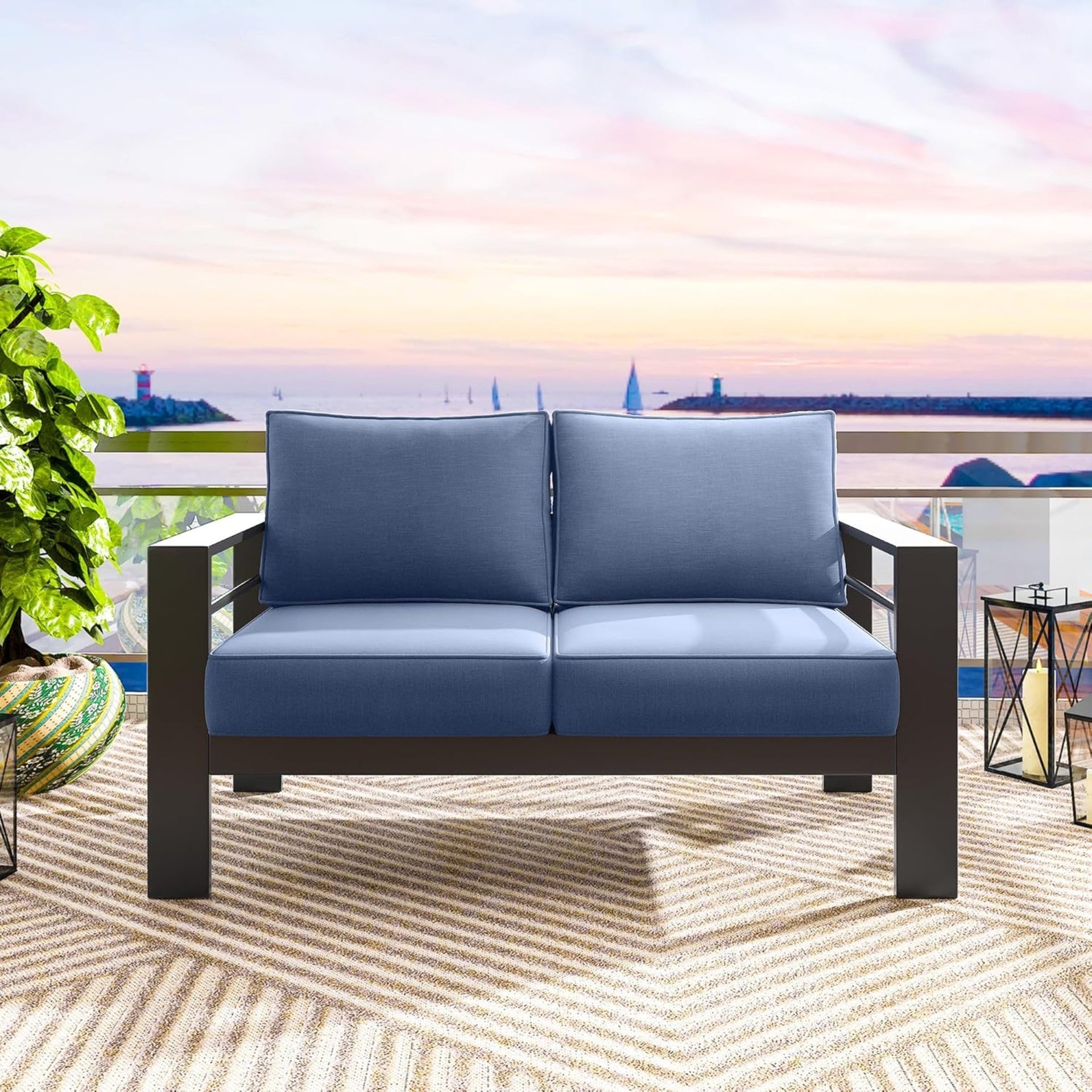 50" All-Weather Aluminum Patio Loveseat with Thick Blue Cushions & Black Frame