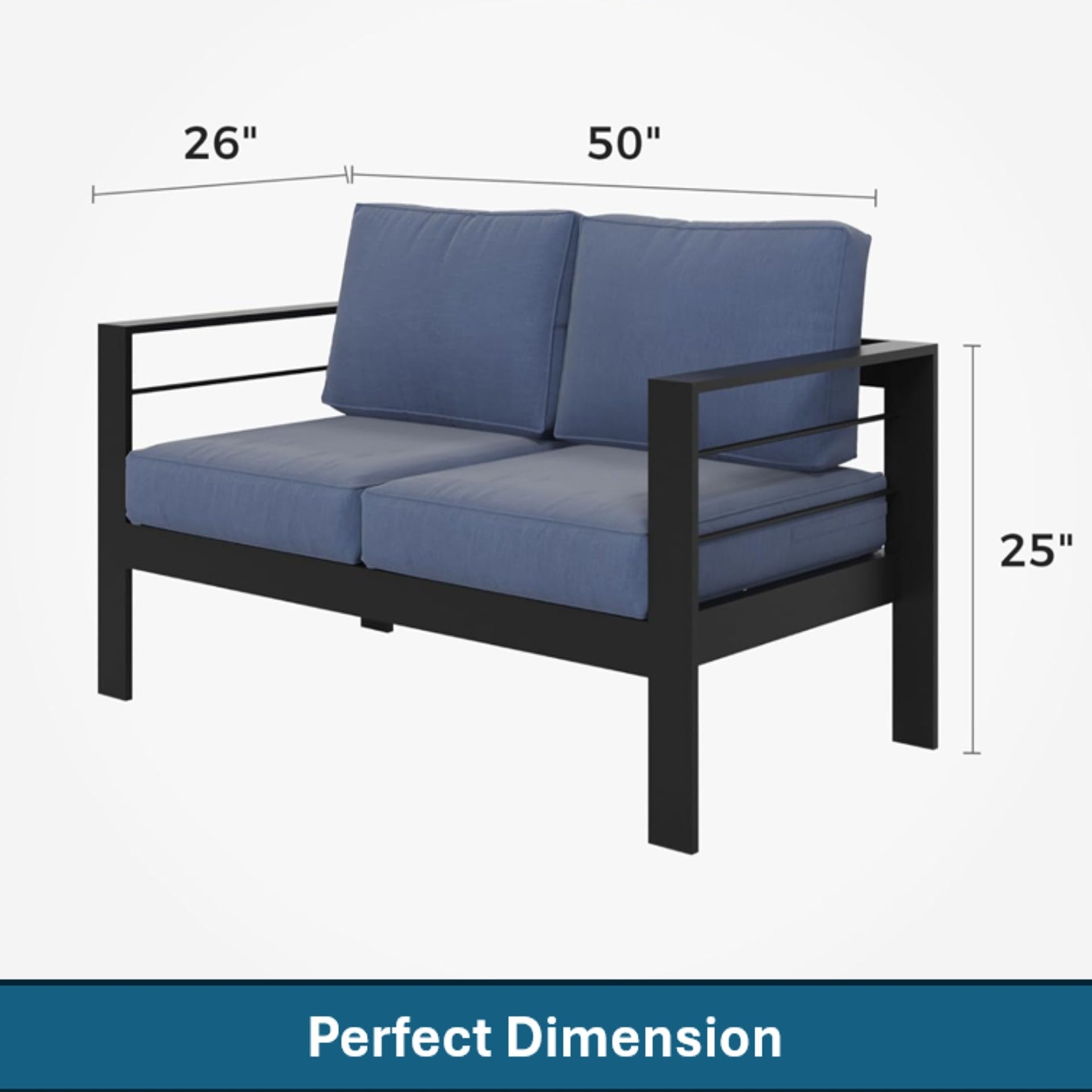 50" All-Weather Aluminum Patio Loveseat with Thick Blue Cushions & Black Frame
