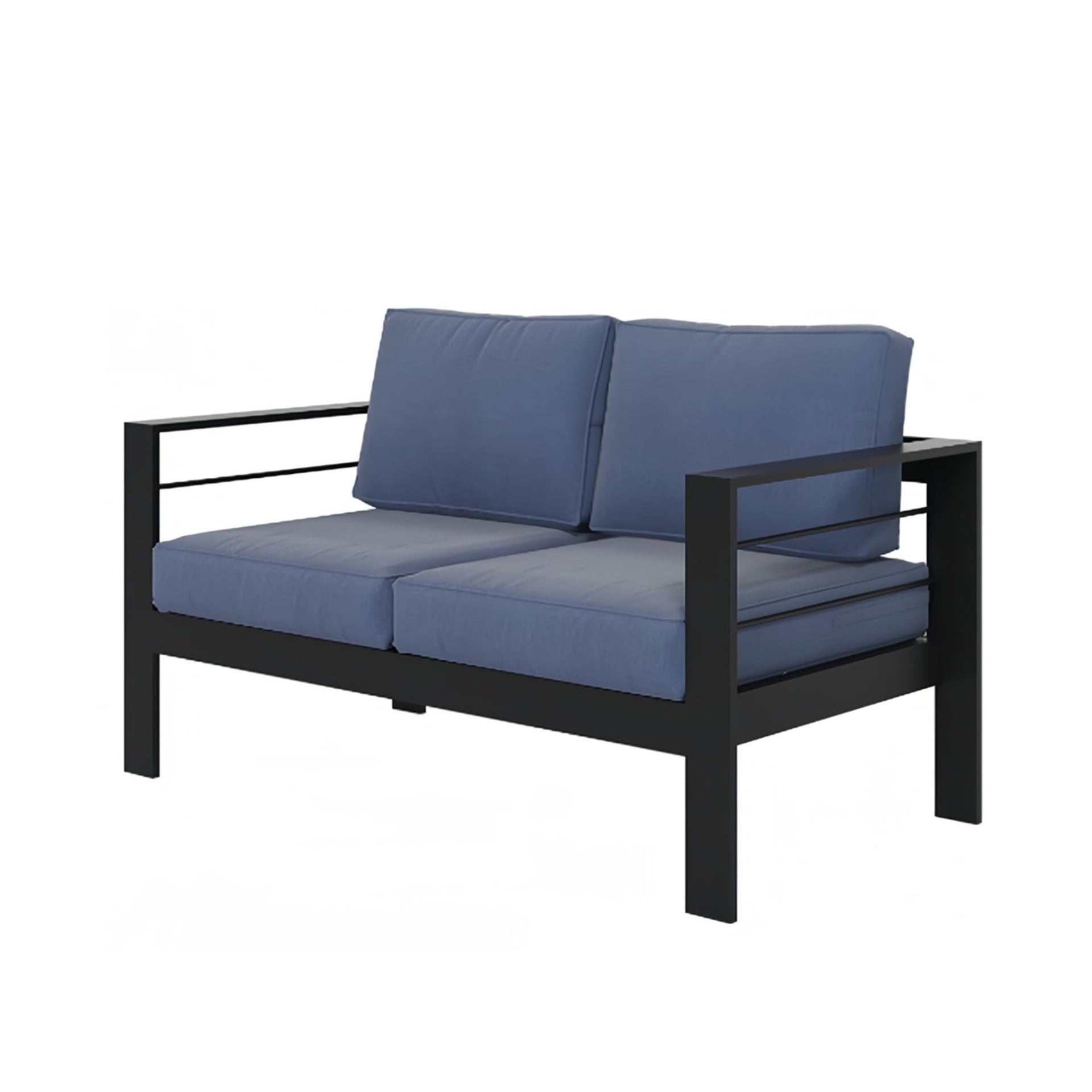50" All-Weather Aluminum Patio Loveseat with Thick Blue Cushions & Black Frame